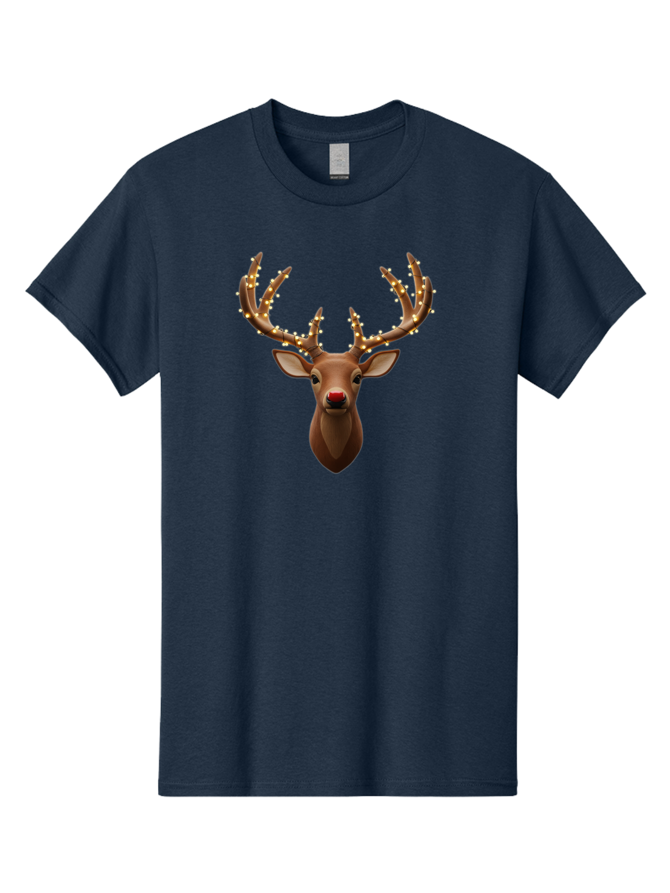 Reindeer-With-Lights Men'S Graphic Tee, 100% Cotton, Comfortable Casual Summer Wear, Machine Washable, Reindeer With Festive Lights, Christmas Decorations, Holiday Symbolism, Rudolph The Red-Nosed Reindeer, Winter Wonderland, Merry Christmas, Bac369