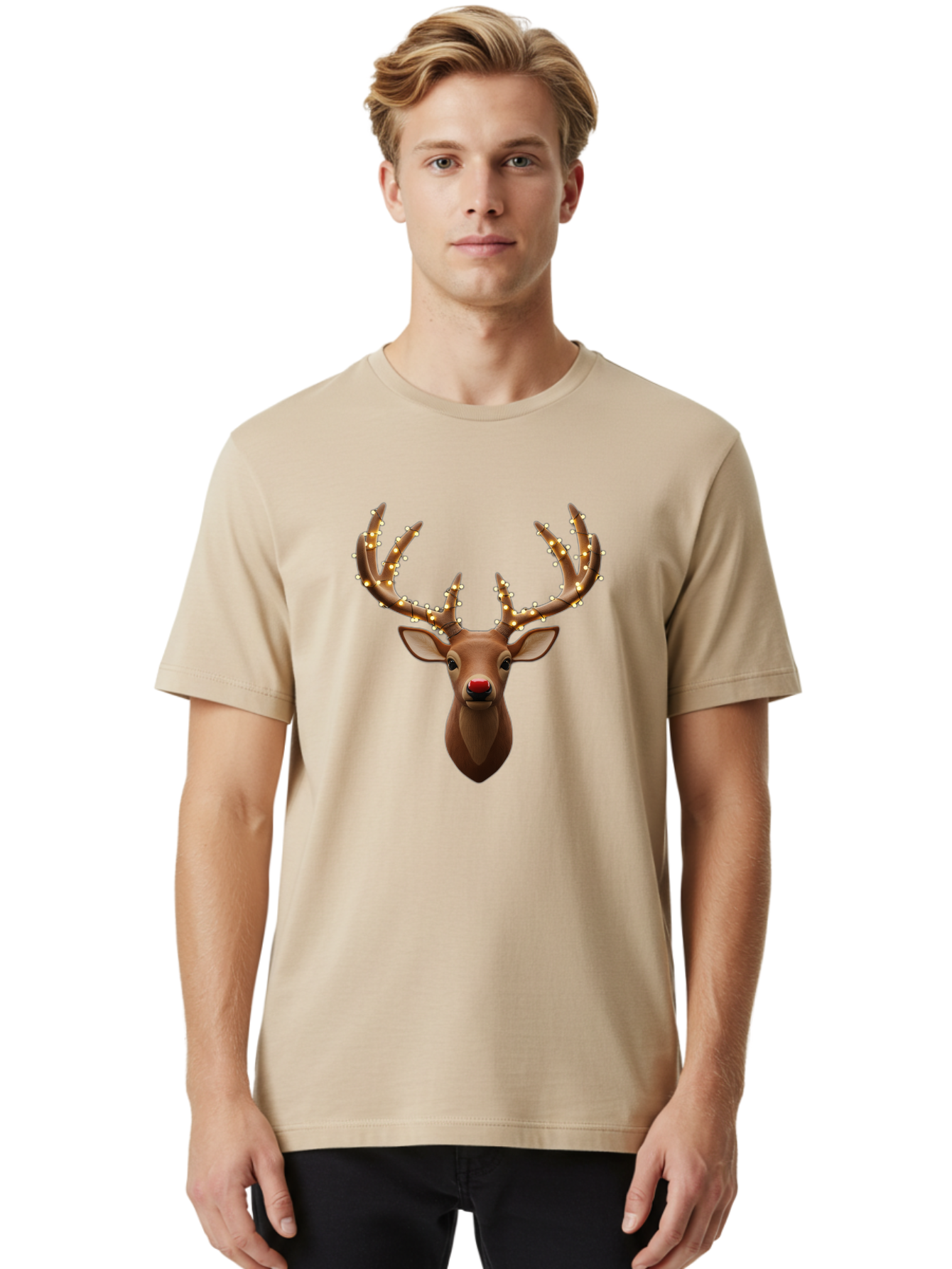 Reindeer-With-Lights Men'S Graphic Tee, 100% Cotton, Comfortable Casual Summer Wear, Machine Washable, Reindeer With Festive Lights, Christmas Decorations, Holiday Symbolism, Rudolph The Red-Nosed Reindeer, Winter Wonderland, Merry Christmas, Bac369