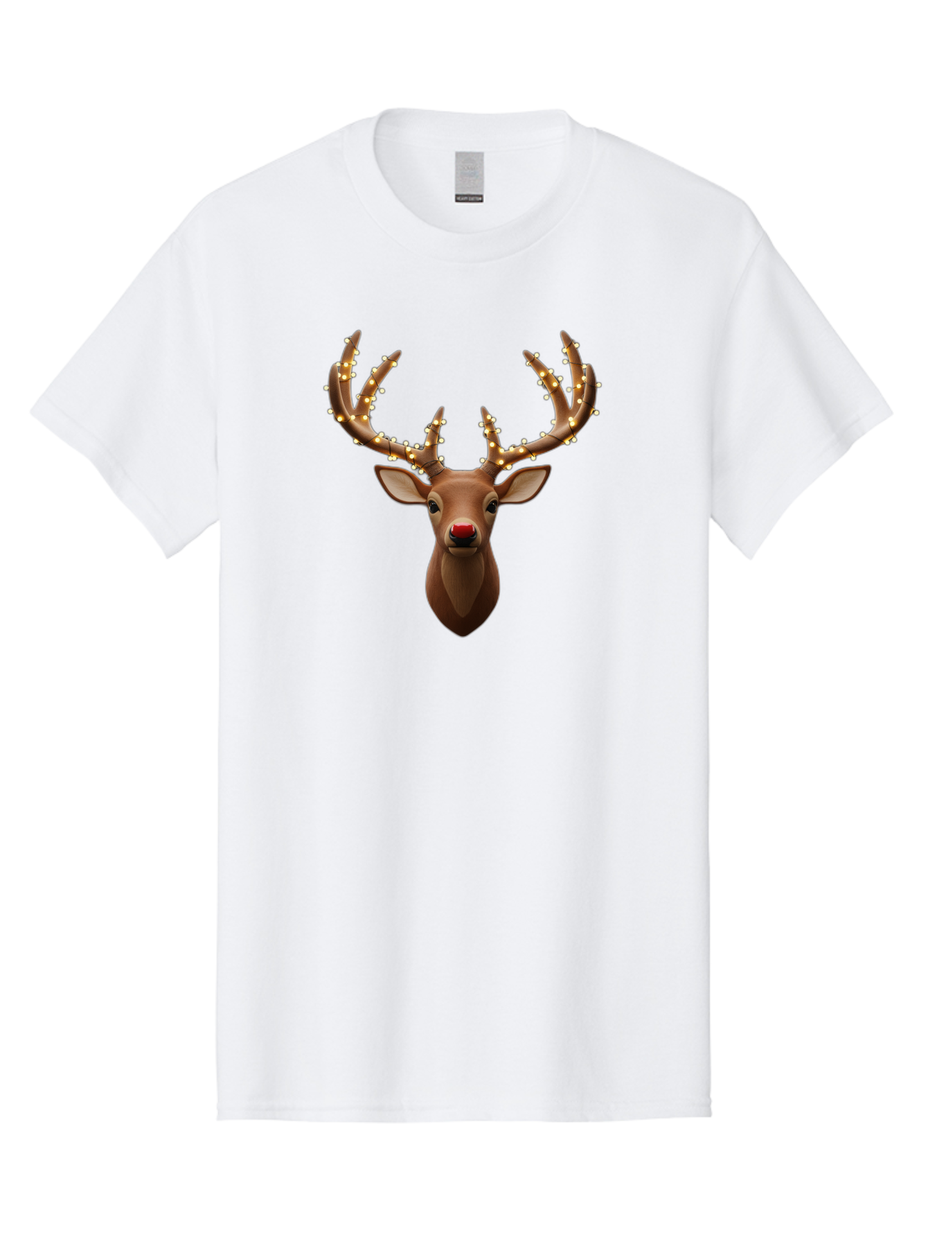 Reindeer-With-Lights Men'S Graphic Tee, 100% Cotton, Comfortable Casual Summer Wear, Machine Washable, Reindeer With Festive Lights, Christmas Decorations, Holiday Symbolism, Rudolph The Red-Nosed Reindeer, Winter Wonderland, Merry Christmas, Bac369