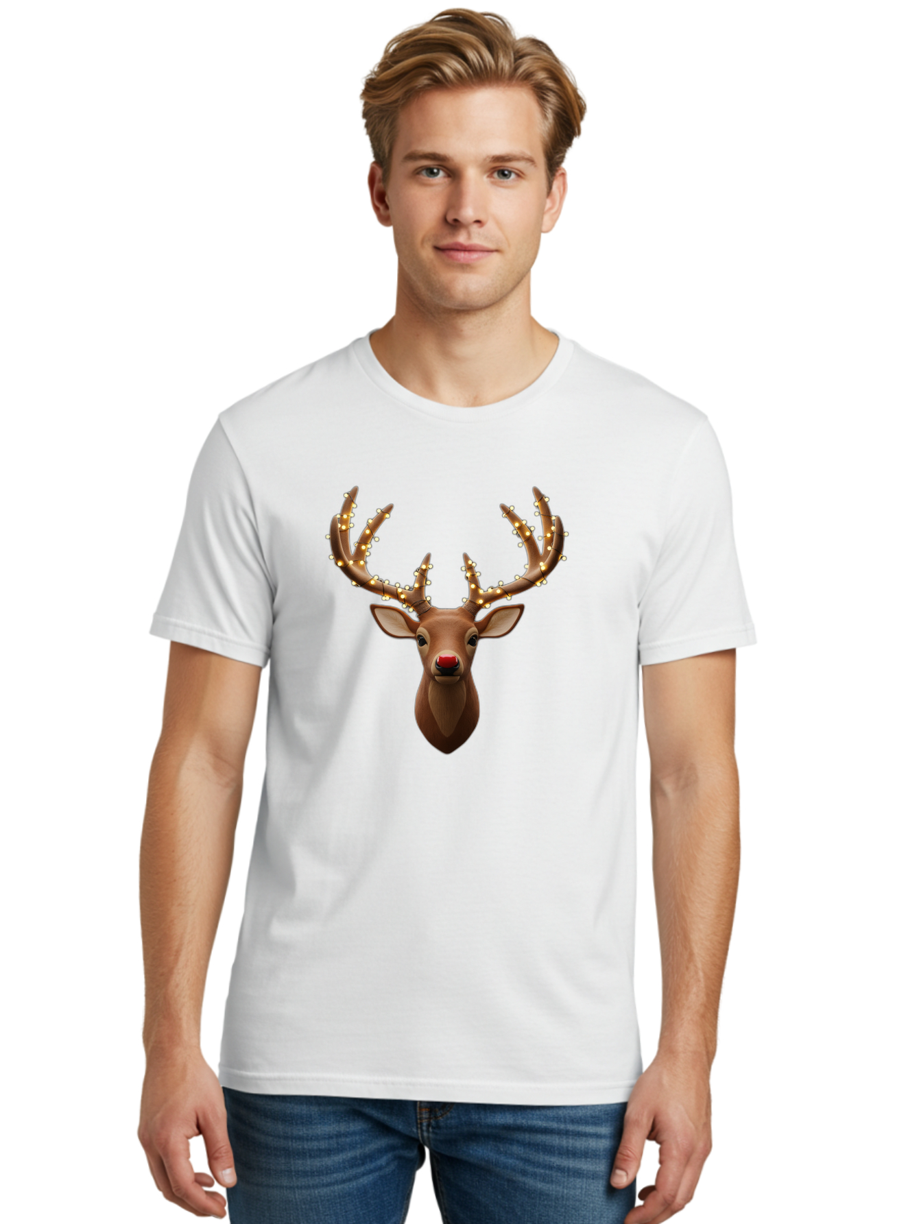 Reindeer-With-Lights Men'S Graphic Tee, 100% Cotton, Comfortable Casual Summer Wear, Machine Washable, Reindeer With Festive Lights, Christmas Decorations, Holiday Symbolism, Rudolph The Red-Nosed Reindeer, Winter Wonderland, Merry Christmas, Bac369