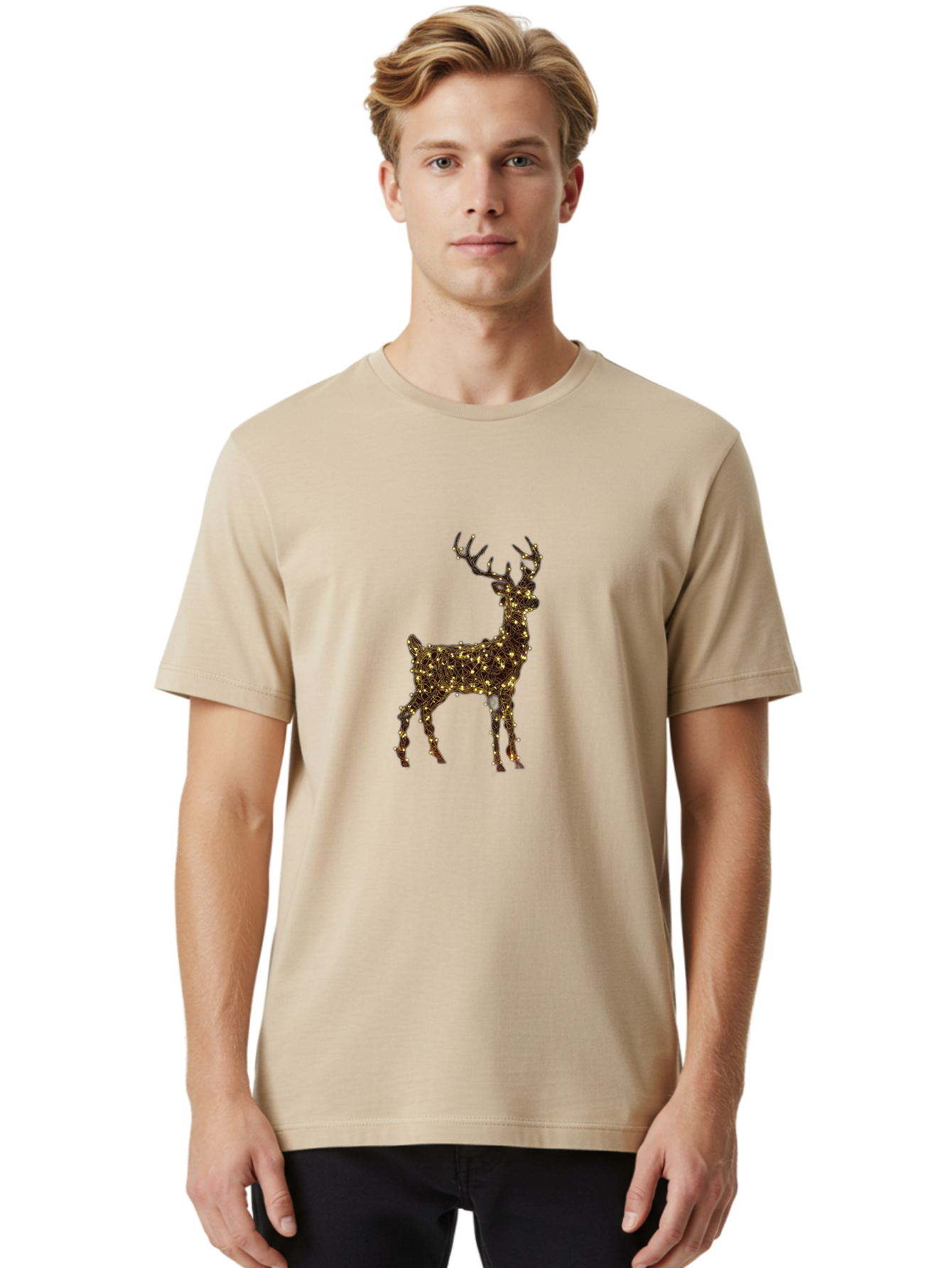 Reindeer Men'S Graphic Tee, 100% Cotton, Comfortable Casual Summer Wear, Machine Washable, Reindeer Decoration, Christmas Lights, Festive Decor, Holiday Display, Illuminated Reindeer, Christmas Reindeer, Winter Wonderland, Seasonal Decoration, Bac370