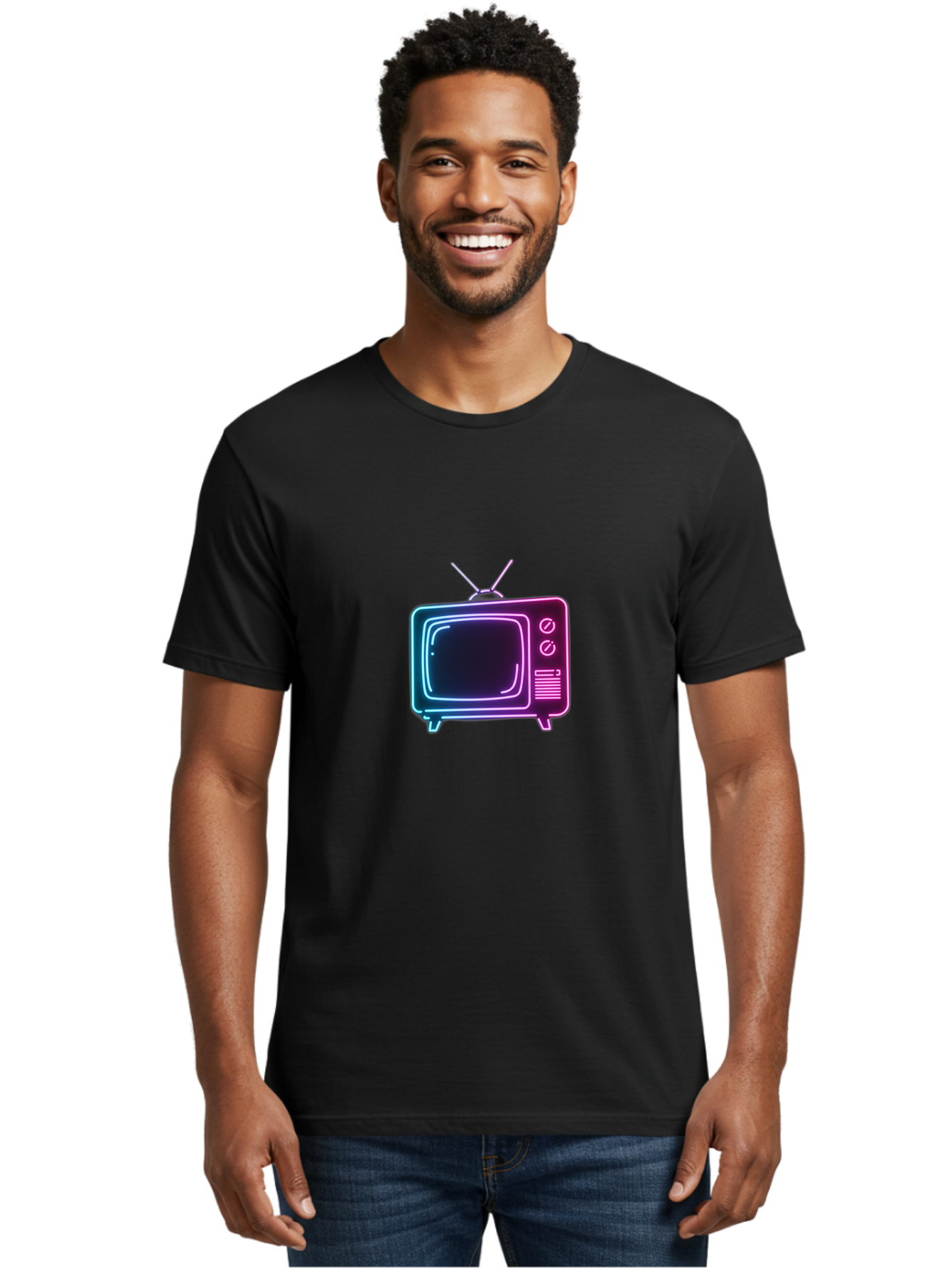 Retro-Television Men'S Graphic Tee, 100% Cotton, Comfortable Casual Summer Wear, Machine Washable, Retro Television, Vintage Tv, Neon Lights, Old-Fashioned Technology, Nostalgic Electronics, Retrofuturistic Design, Glowing Accents, Bac371