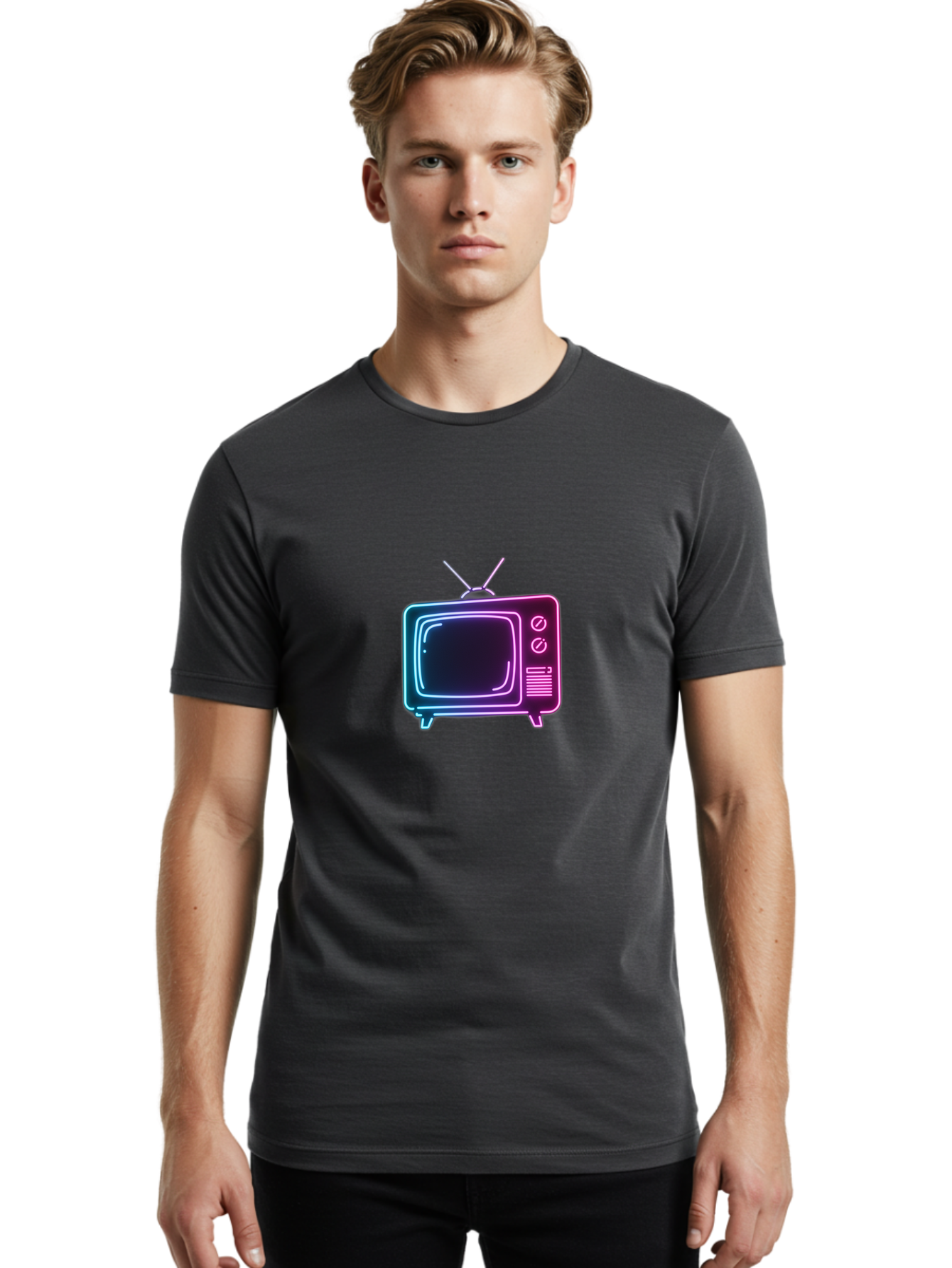 Retro-Television Men'S Graphic Tee, 100% Cotton, Comfortable Casual Summer Wear, Machine Washable, Retro Television, Vintage Tv, Neon Lights, Old-Fashioned Technology, Nostalgic Electronics, Retrofuturistic Design, Glowing Accents, Bac371