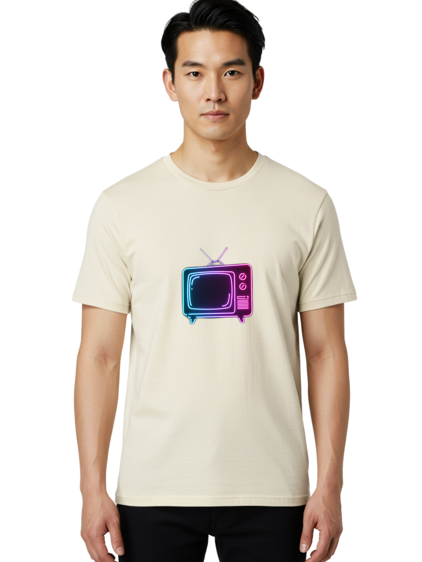 Retro-Television Men'S Graphic Tee, 100% Cotton, Comfortable Casual Summer Wear, Machine Washable, Retro Television, Vintage Tv, Neon Lights, Old-Fashioned Technology, Nostalgic Electronics, Retrofuturistic Design, Glowing Accents, Bac371