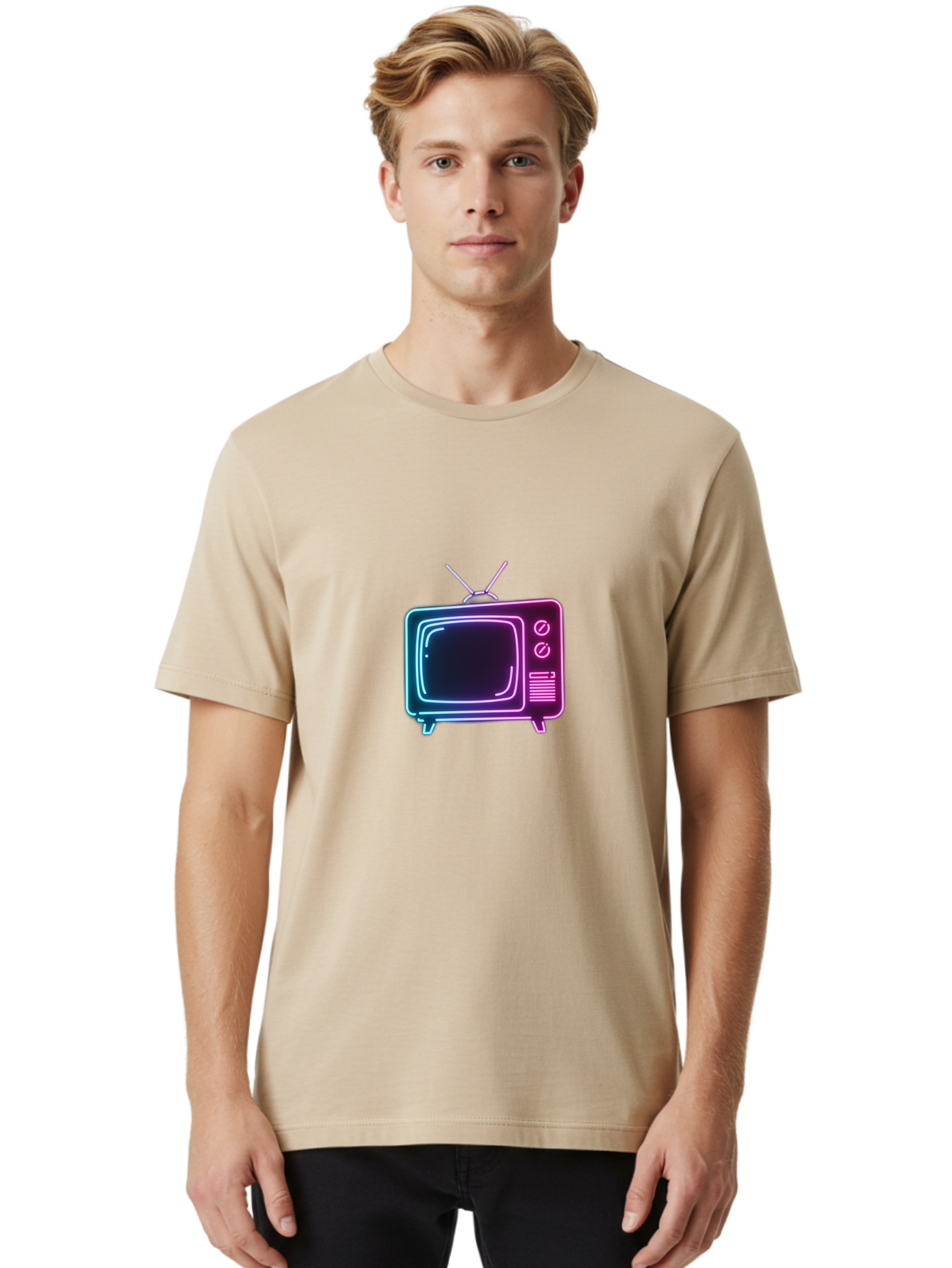 Retro-Television Men'S Graphic Tee, 100% Cotton, Comfortable Casual Summer Wear, Machine Washable, Retro Television, Vintage Tv, Neon Lights, Old-Fashioned Technology, Nostalgic Electronics, Retrofuturistic Design, Glowing Accents, Bac371