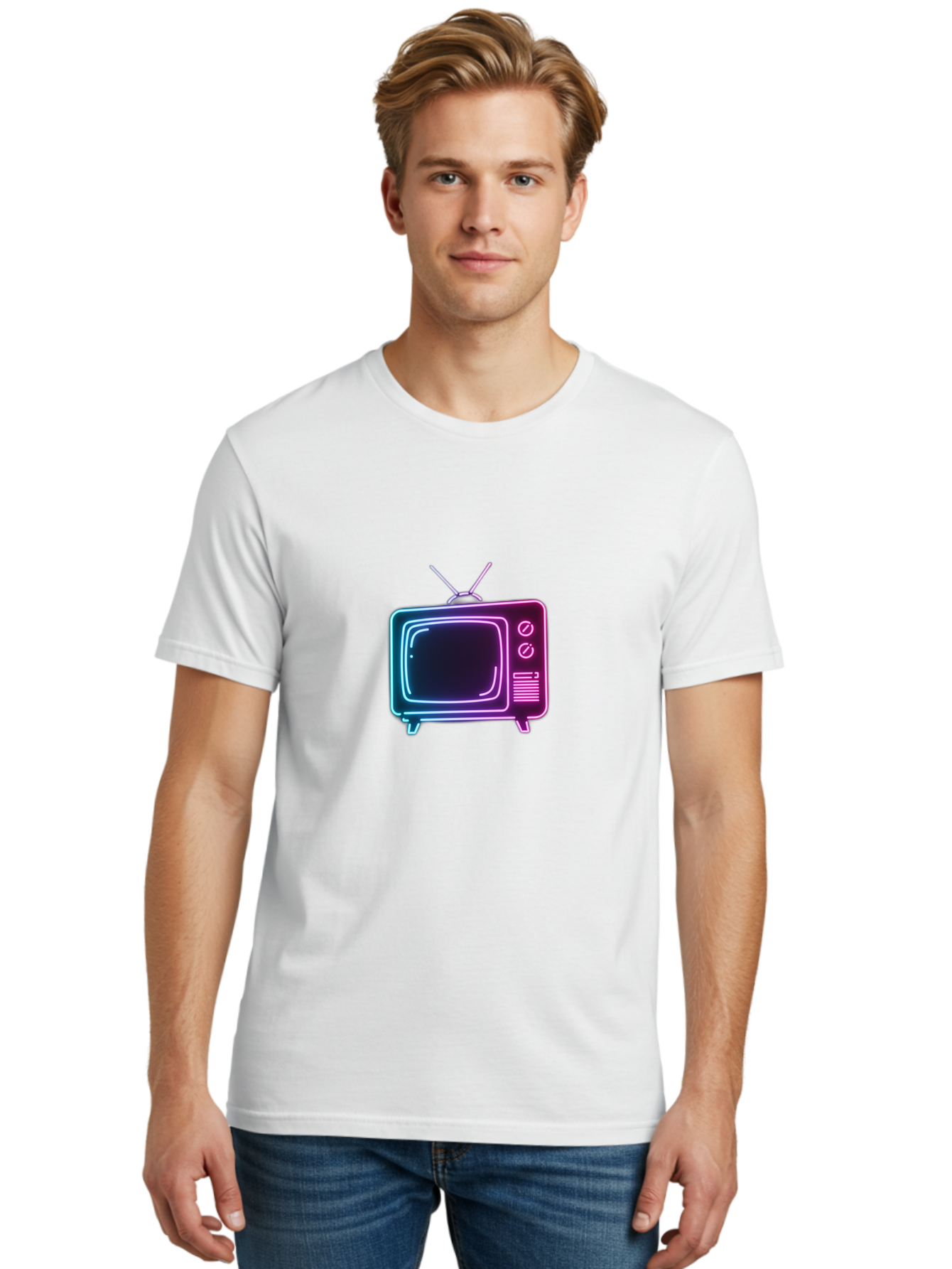 Retro-Television Men'S Graphic Tee, 100% Cotton, Comfortable Casual Summer Wear, Machine Washable, Retro Television, Vintage Tv, Neon Lights, Old-Fashioned Technology, Nostalgic Electronics, Retrofuturistic Design, Glowing Accents, Bac371