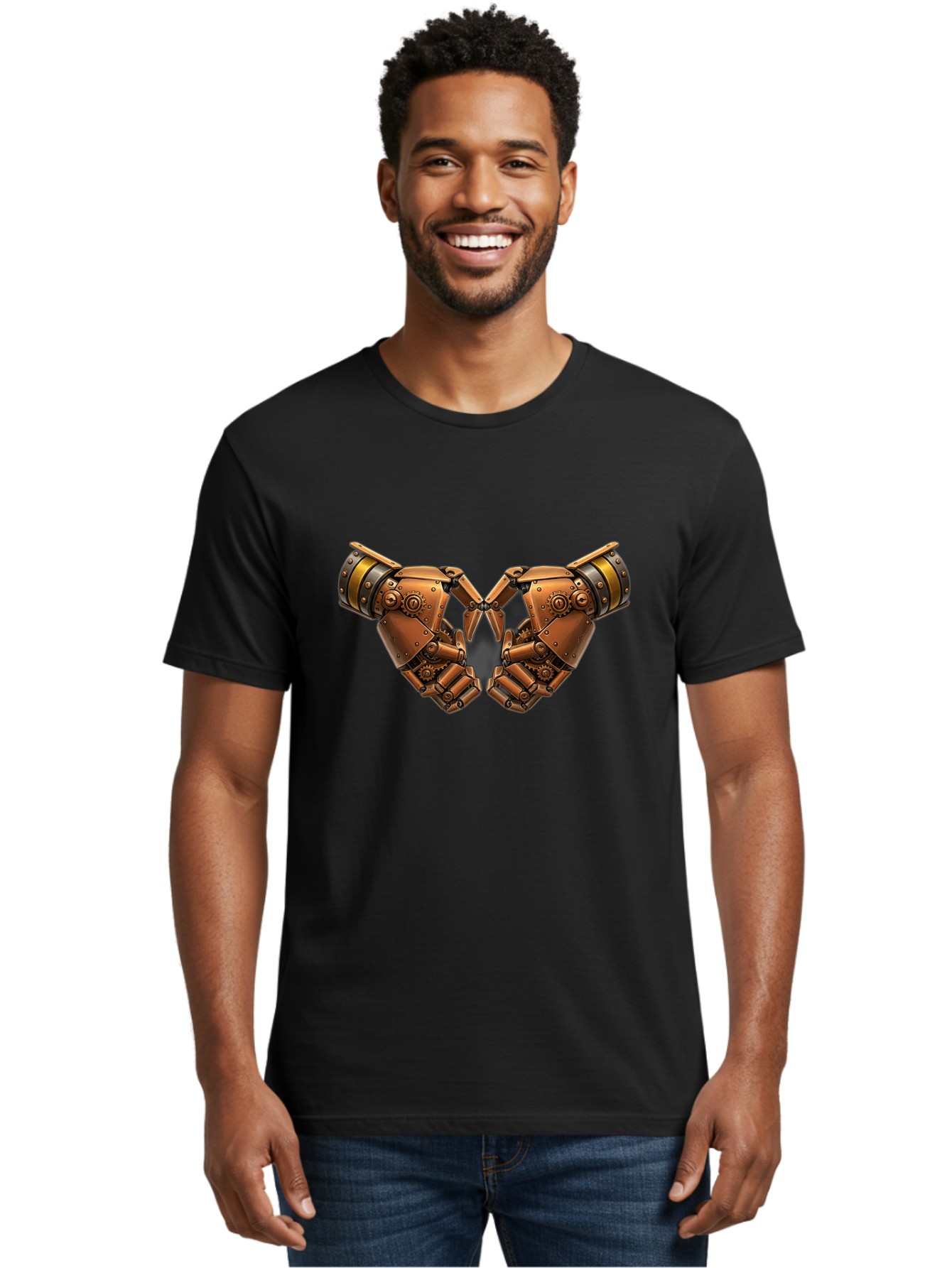 Robot-Hands Men'S Graphic Tee, 100% Cotton, Comfortable Casual Summer Wear, Machine Washable, Robotic Hands, Steampunk Design, Mechanical Fingers, Gear Details, Bronze Finish, Industrial Look, Futuristic, Robotic Love Bac374