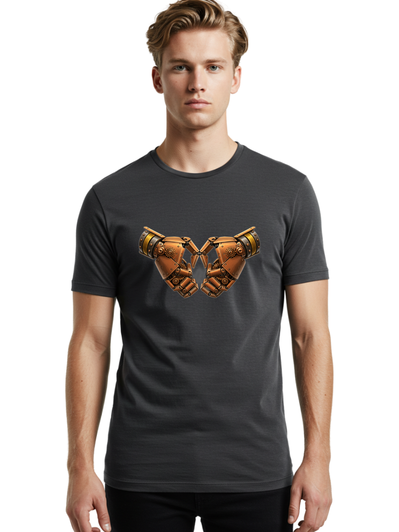 Robot-Hands Men'S Graphic Tee, 100% Cotton, Comfortable Casual Summer Wear, Machine Washable, Robotic Hands, Steampunk Design, Mechanical Fingers, Gear Details, Bronze Finish, Industrial Look, Futuristic, Robotic Love Bac374