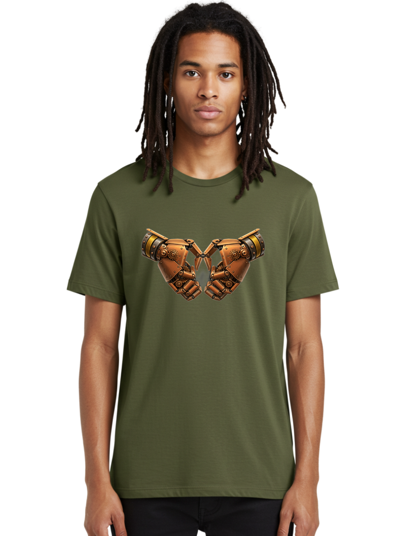Robot-Hands Men'S Graphic Tee, 100% Cotton, Comfortable Casual Summer Wear, Machine Washable, Robotic Hands, Steampunk Design, Mechanical Fingers, Gear Details, Bronze Finish, Industrial Look, Futuristic, Robotic Love Bac374