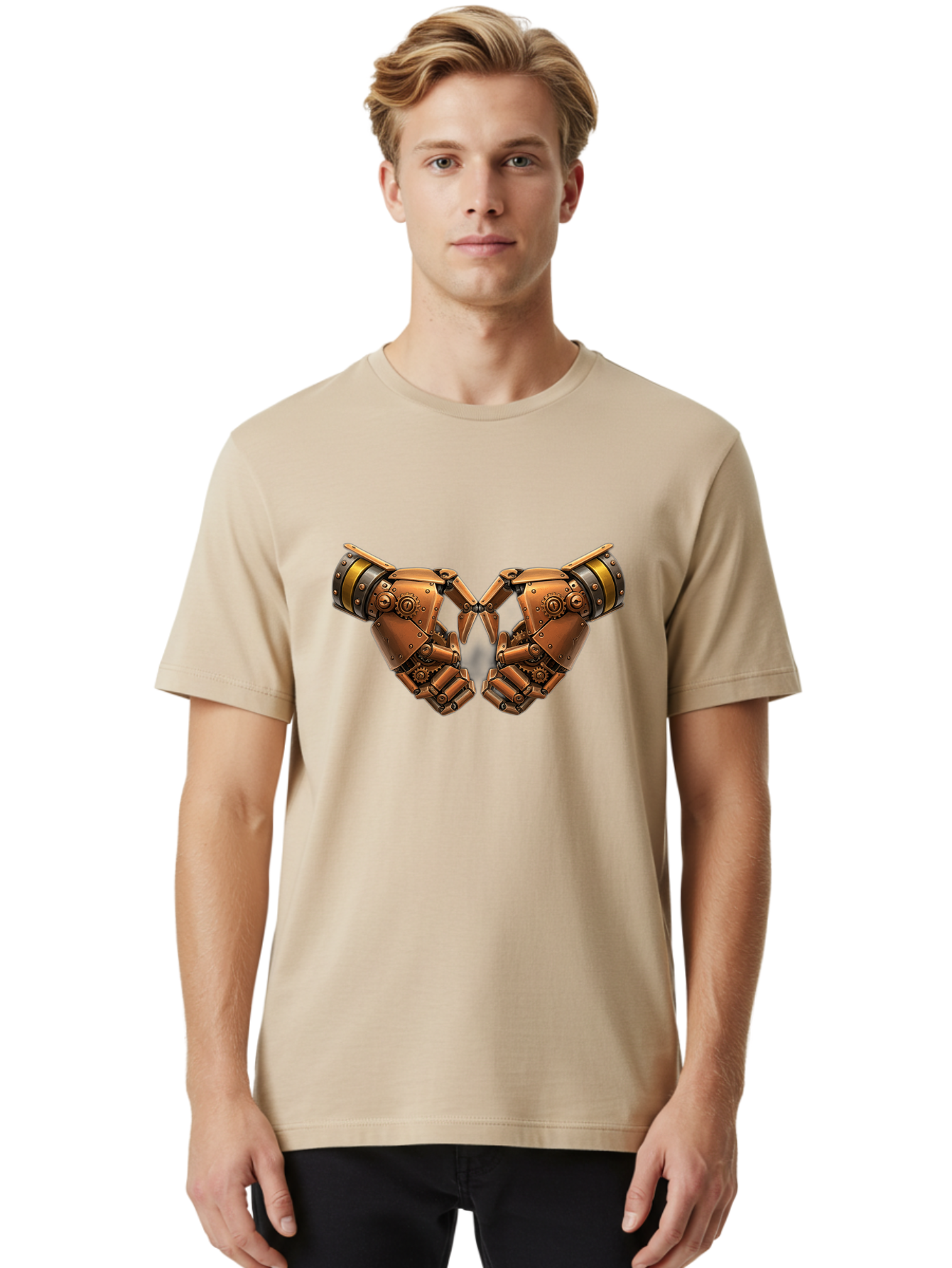 Robot-Hands Men'S Graphic Tee, 100% Cotton, Comfortable Casual Summer Wear, Machine Washable, Robotic Hands, Steampunk Design, Mechanical Fingers, Gear Details, Bronze Finish, Industrial Look, Futuristic, Robotic Love Bac374