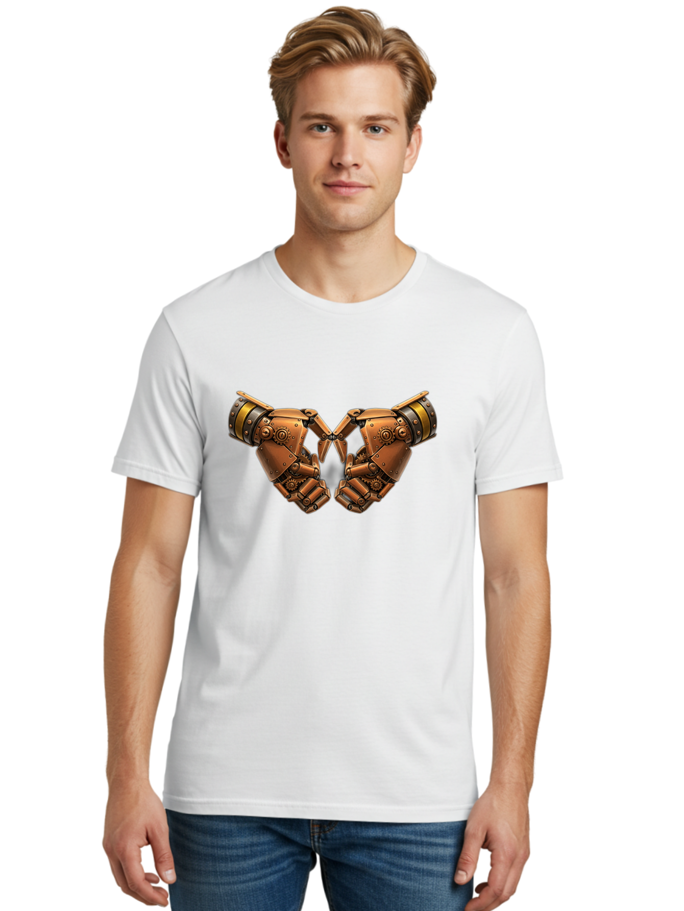 Robot-Hands Men'S Graphic Tee, 100% Cotton, Comfortable Casual Summer Wear, Machine Washable, Robotic Hands, Steampunk Design, Mechanical Fingers, Gear Details, Bronze Finish, Industrial Look, Futuristic, Robotic Love Bac374