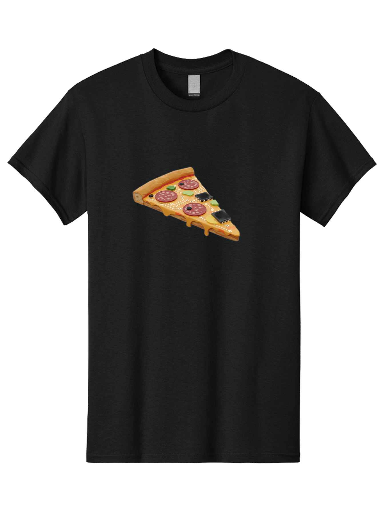 Robot-Pizza-Slice Men'S Graphic Tee, 100% Cotton, Comfortable Casual Summer Wear, Machine Washable, Pizza Slice With Circuit Board Toppings, Melted Cheese, Pepperoni, Green Capacitors, Wires, Electronic Components, Futuristic Food, Bac375
