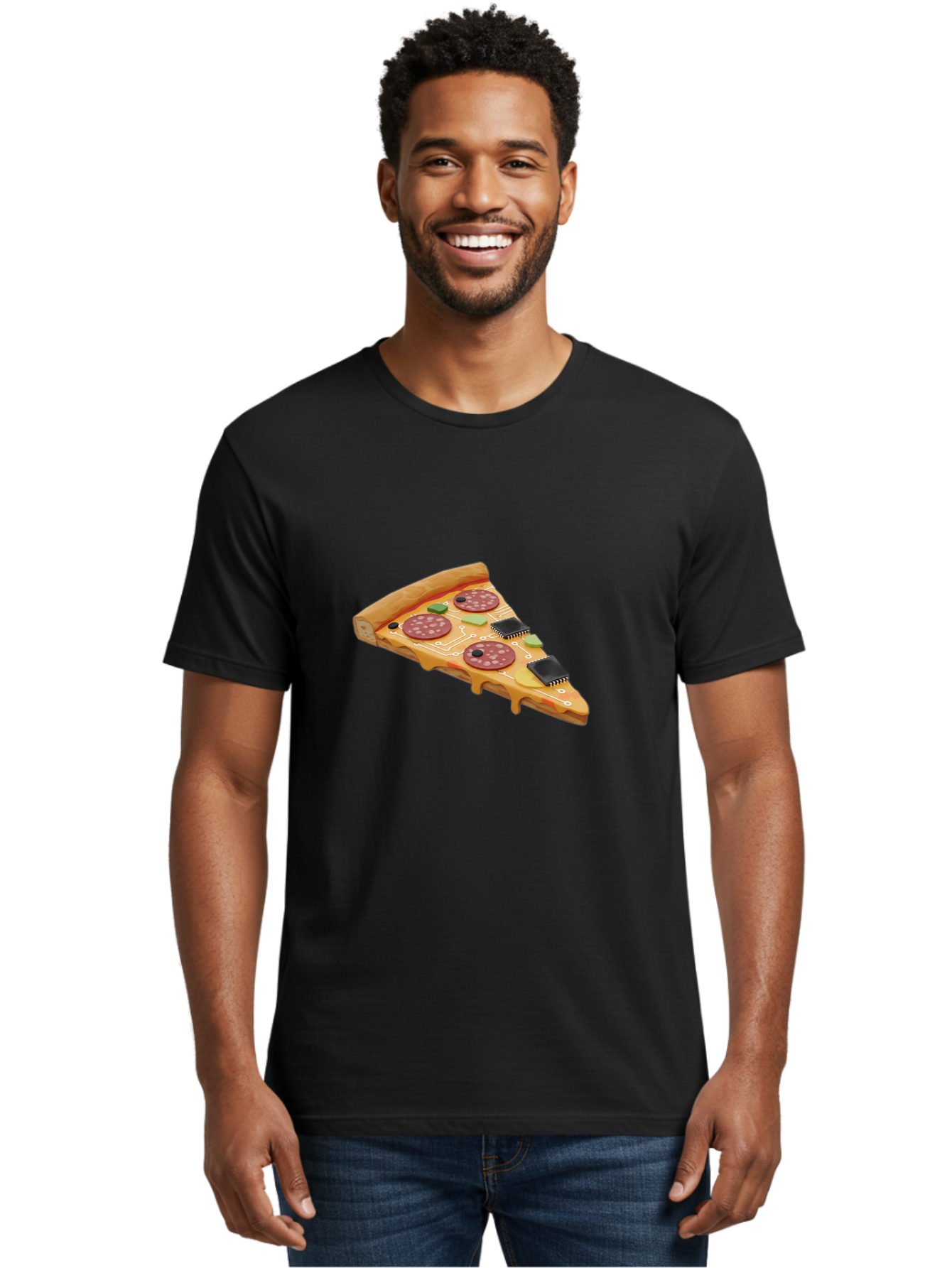Robot-Pizza-Slice Men'S Graphic Tee, 100% Cotton, Comfortable Casual Summer Wear, Machine Washable, Pizza Slice With Circuit Board Toppings, Melted Cheese, Pepperoni, Green Capacitors, Wires, Electronic Components, Futuristic Food, Bac375
