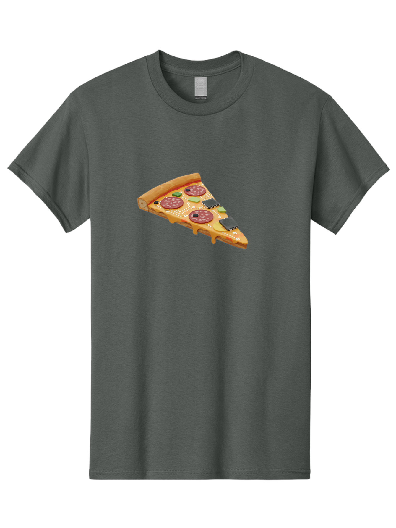 Robot-Pizza-Slice Men'S Graphic Tee, 100% Cotton, Comfortable Casual Summer Wear, Machine Washable, Pizza Slice With Circuit Board Toppings, Melted Cheese, Pepperoni, Green Capacitors, Wires, Electronic Components, Futuristic Food, Bac375