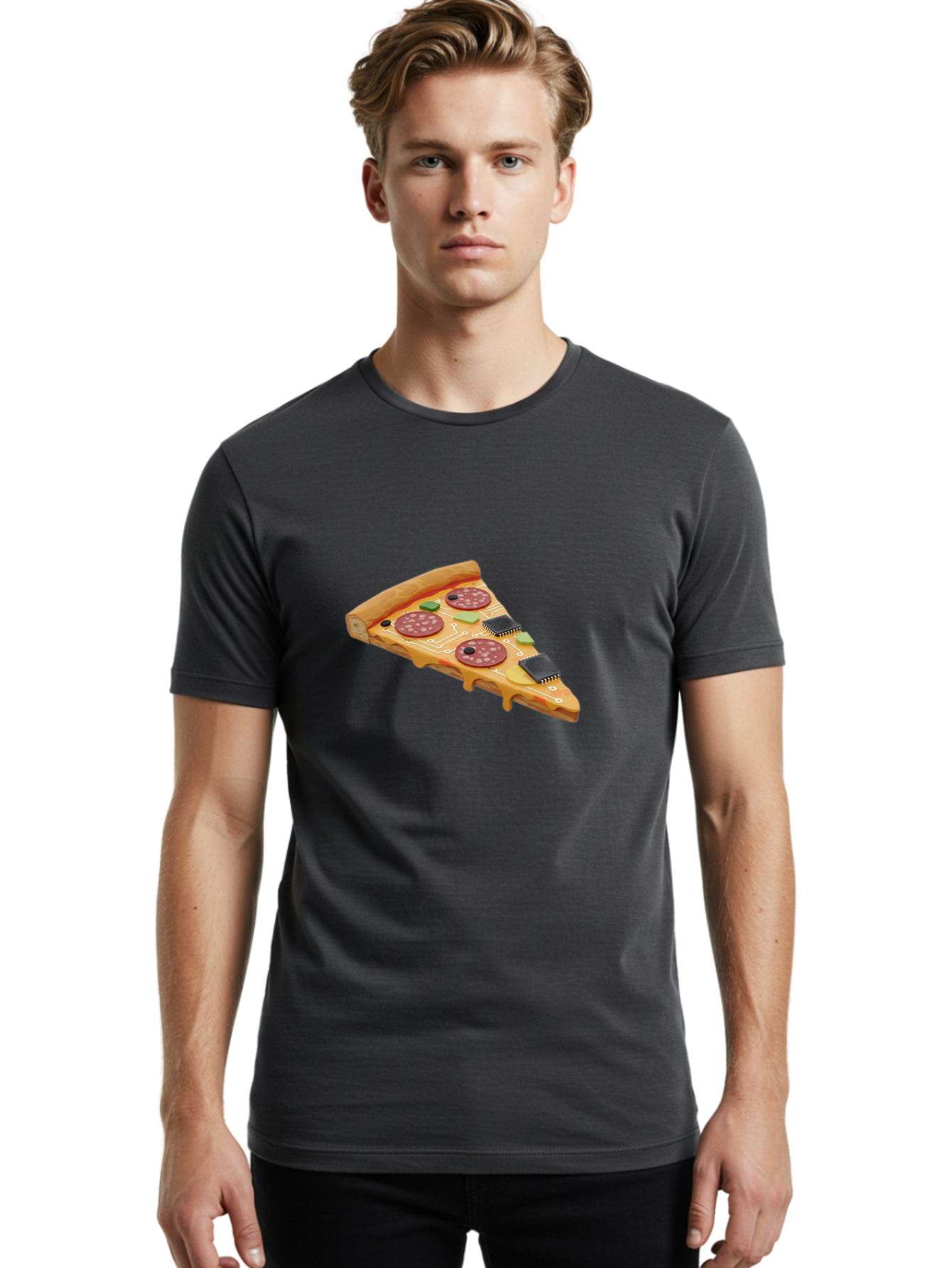 Robot-Pizza-Slice Men'S Graphic Tee, 100% Cotton, Comfortable Casual Summer Wear, Machine Washable, Pizza Slice With Circuit Board Toppings, Melted Cheese, Pepperoni, Green Capacitors, Wires, Electronic Components, Futuristic Food, Bac375