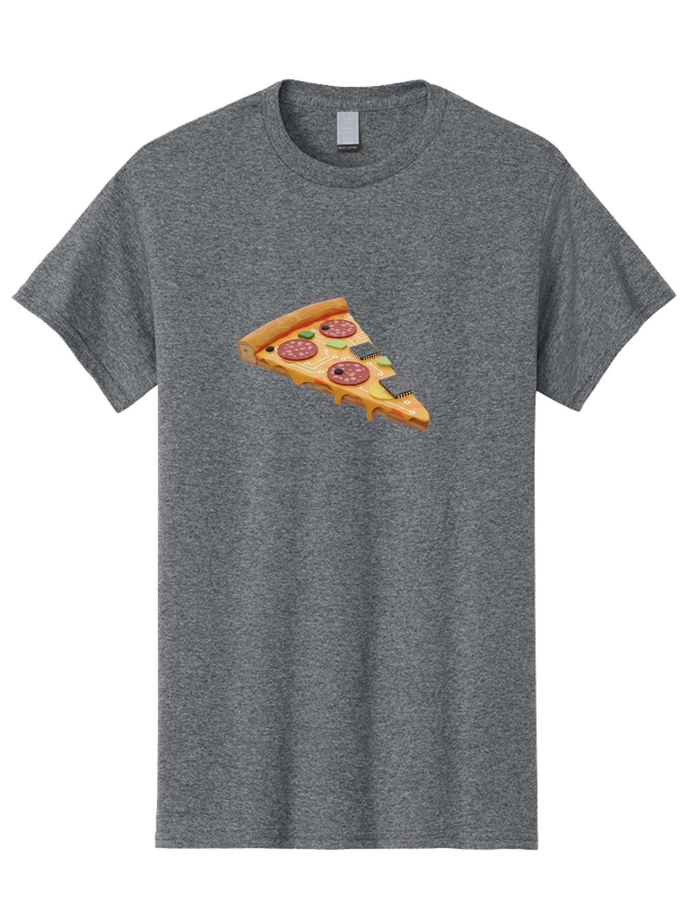 Robot-Pizza-Slice Men'S Graphic Tee, 100% Cotton, Comfortable Casual Summer Wear, Machine Washable, Pizza Slice With Circuit Board Toppings, Melted Cheese, Pepperoni, Green Capacitors, Wires, Electronic Components, Futuristic Food, Bac375
