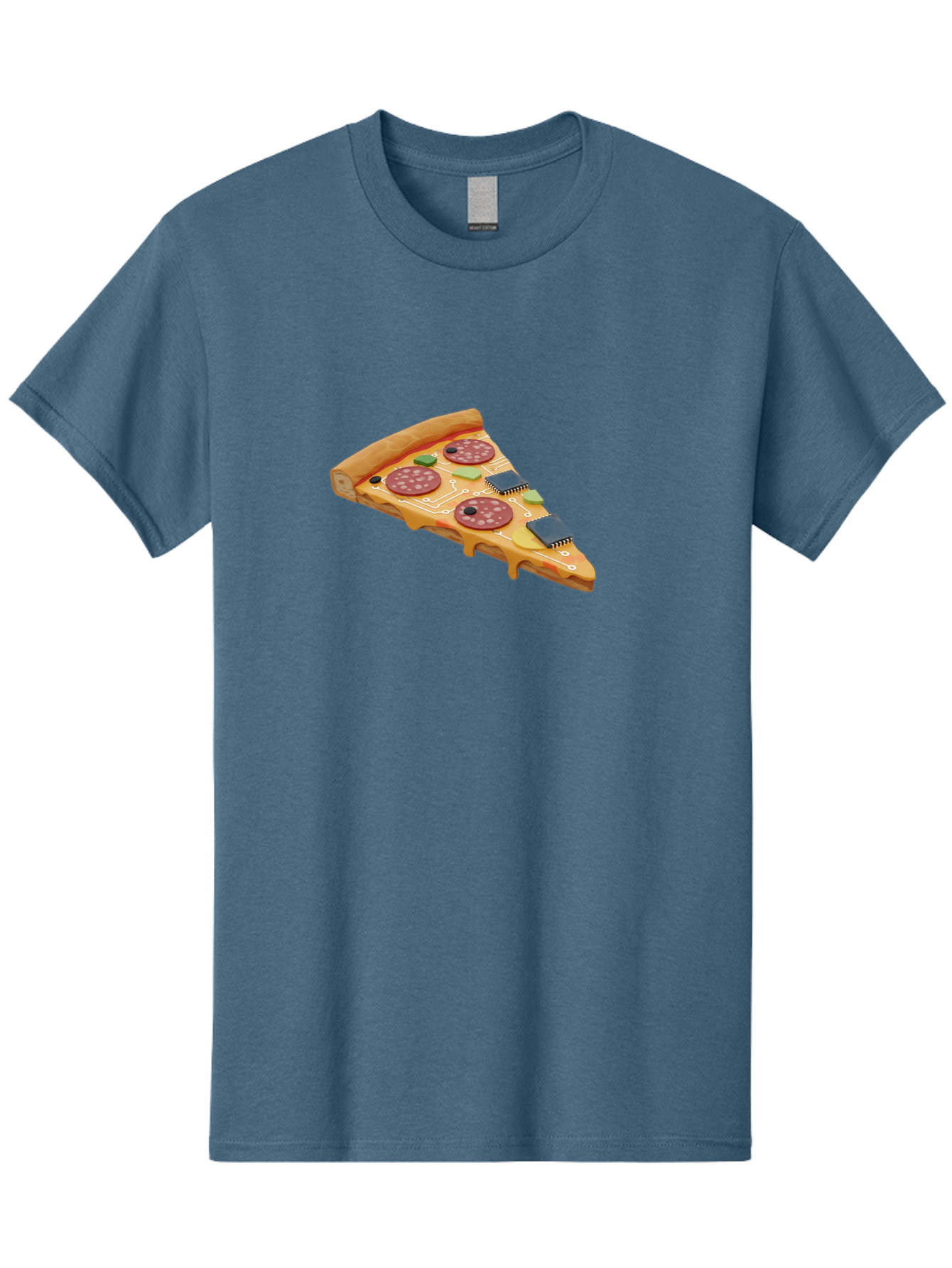 Robot-Pizza-Slice Men'S Graphic Tee, 100% Cotton, Comfortable Casual Summer Wear, Machine Washable, Pizza Slice With Circuit Board Toppings, Melted Cheese, Pepperoni, Green Capacitors, Wires, Electronic Components, Futuristic Food, Bac375