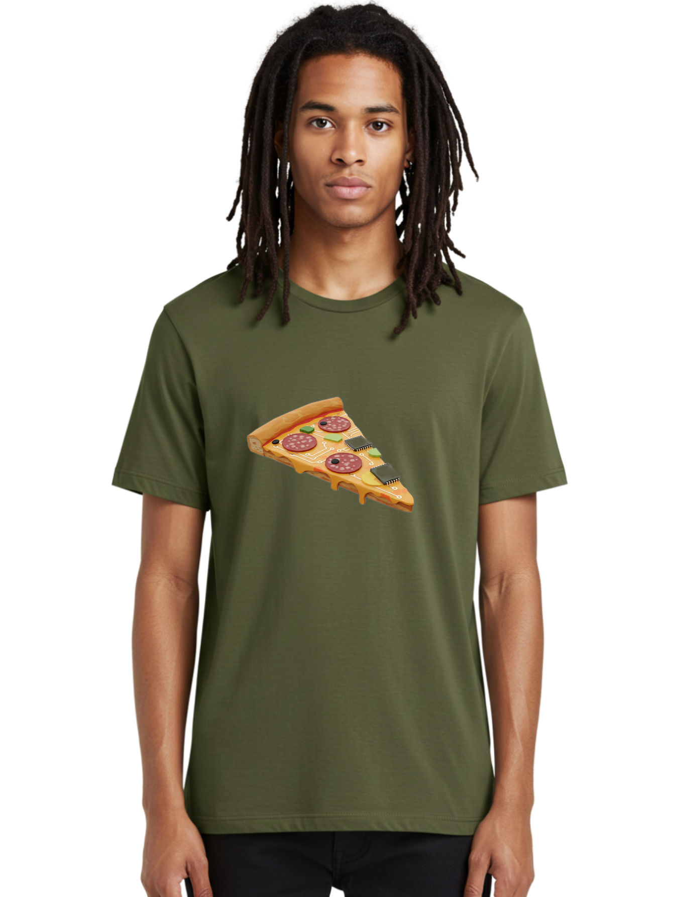 Robot-Pizza-Slice Men'S Graphic Tee, 100% Cotton, Comfortable Casual Summer Wear, Machine Washable, Pizza Slice With Circuit Board Toppings, Melted Cheese, Pepperoni, Green Capacitors, Wires, Electronic Components, Futuristic Food, Bac375