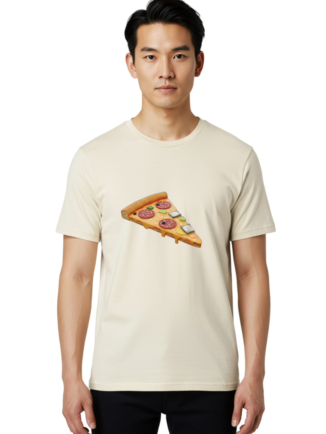 Robot-Pizza-Slice Men'S Graphic Tee, 100% Cotton, Comfortable Casual Summer Wear, Machine Washable, Pizza Slice With Circuit Board Toppings, Melted Cheese, Pepperoni, Green Capacitors, Wires, Electronic Components, Futuristic Food, Bac375
