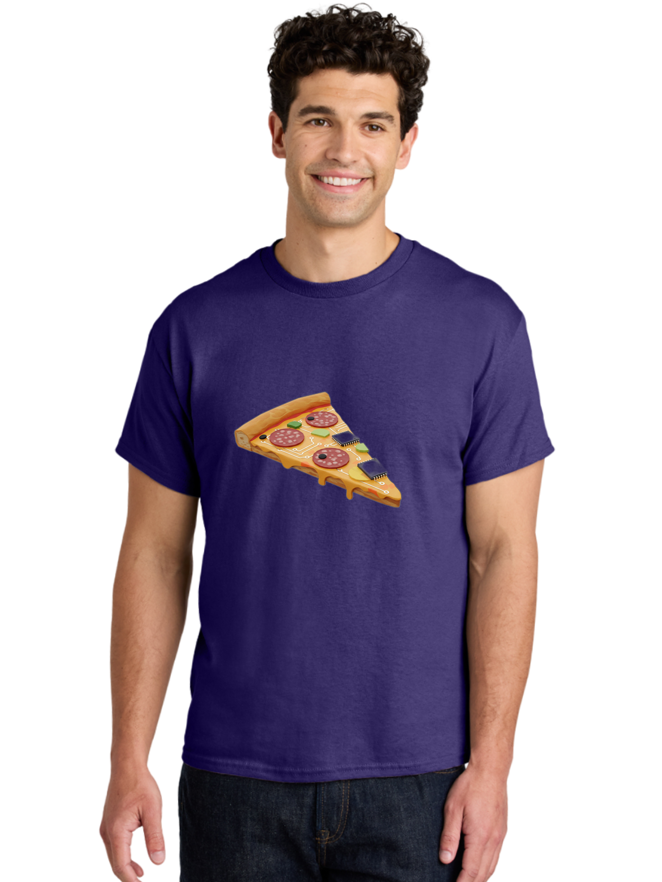 Robot-Pizza-Slice Men'S Graphic Tee, 100% Cotton, Comfortable Casual Summer Wear, Machine Washable, Pizza Slice With Circuit Board Toppings, Melted Cheese, Pepperoni, Green Capacitors, Wires, Electronic Components, Futuristic Food, Bac375