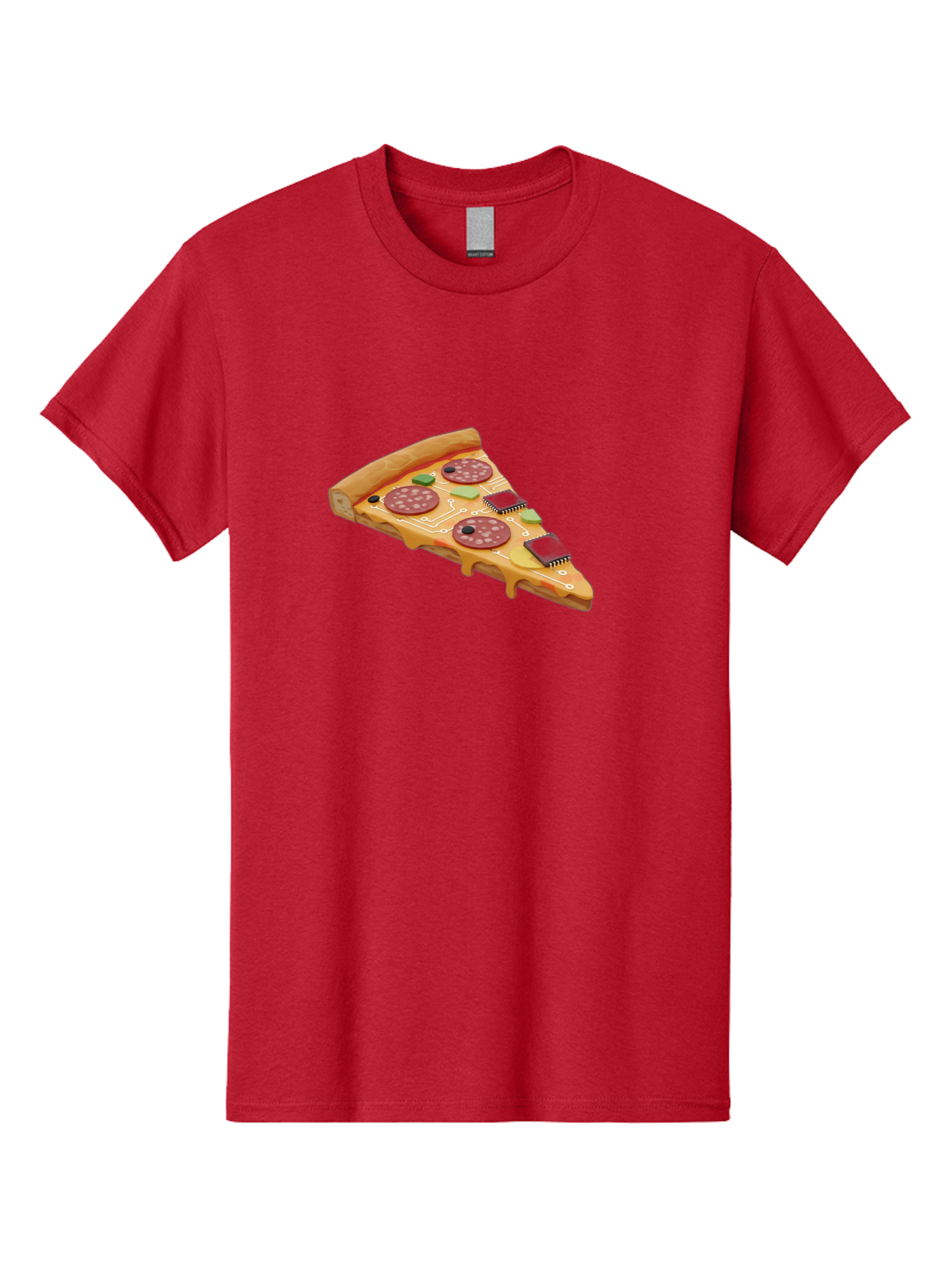 Robot-Pizza-Slice Men'S Graphic Tee, 100% Cotton, Comfortable Casual Summer Wear, Machine Washable, Pizza Slice With Circuit Board Toppings, Melted Cheese, Pepperoni, Green Capacitors, Wires, Electronic Components, Futuristic Food, Bac375