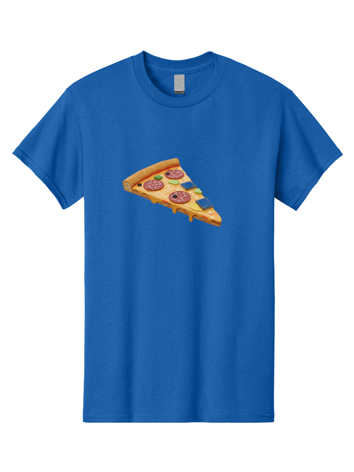 Robot-Pizza-Slice Men'S Graphic Tee, 100% Cotton, Comfortable Casual Summer Wear, Machine Washable, Pizza Slice With Circuit Board Toppings, Melted Cheese, Pepperoni, Green Capacitors, Wires, Electronic Components, Futuristic Food, Bac375