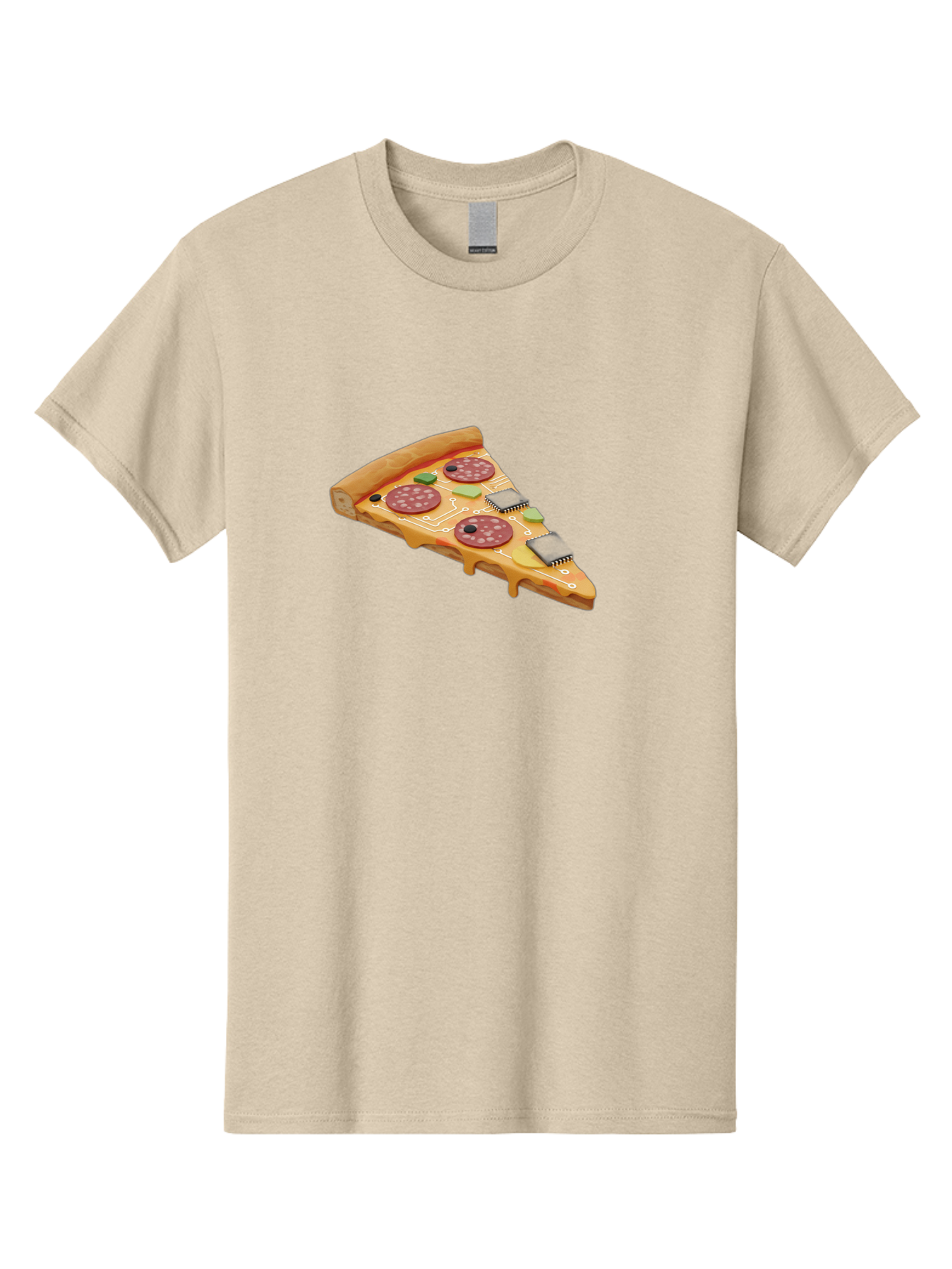 Robot-Pizza-Slice Men'S Graphic Tee, 100% Cotton, Comfortable Casual Summer Wear, Machine Washable, Pizza Slice With Circuit Board Toppings, Melted Cheese, Pepperoni, Green Capacitors, Wires, Electronic Components, Futuristic Food, Bac375