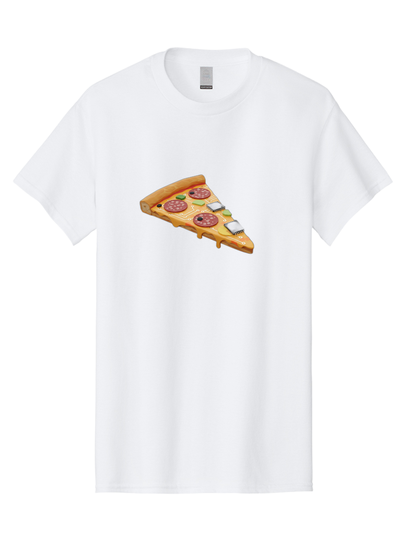 Robot-Pizza-Slice Men'S Graphic Tee, 100% Cotton, Comfortable Casual Summer Wear, Machine Washable, Pizza Slice With Circuit Board Toppings, Melted Cheese, Pepperoni, Green Capacitors, Wires, Electronic Components, Futuristic Food, Bac375