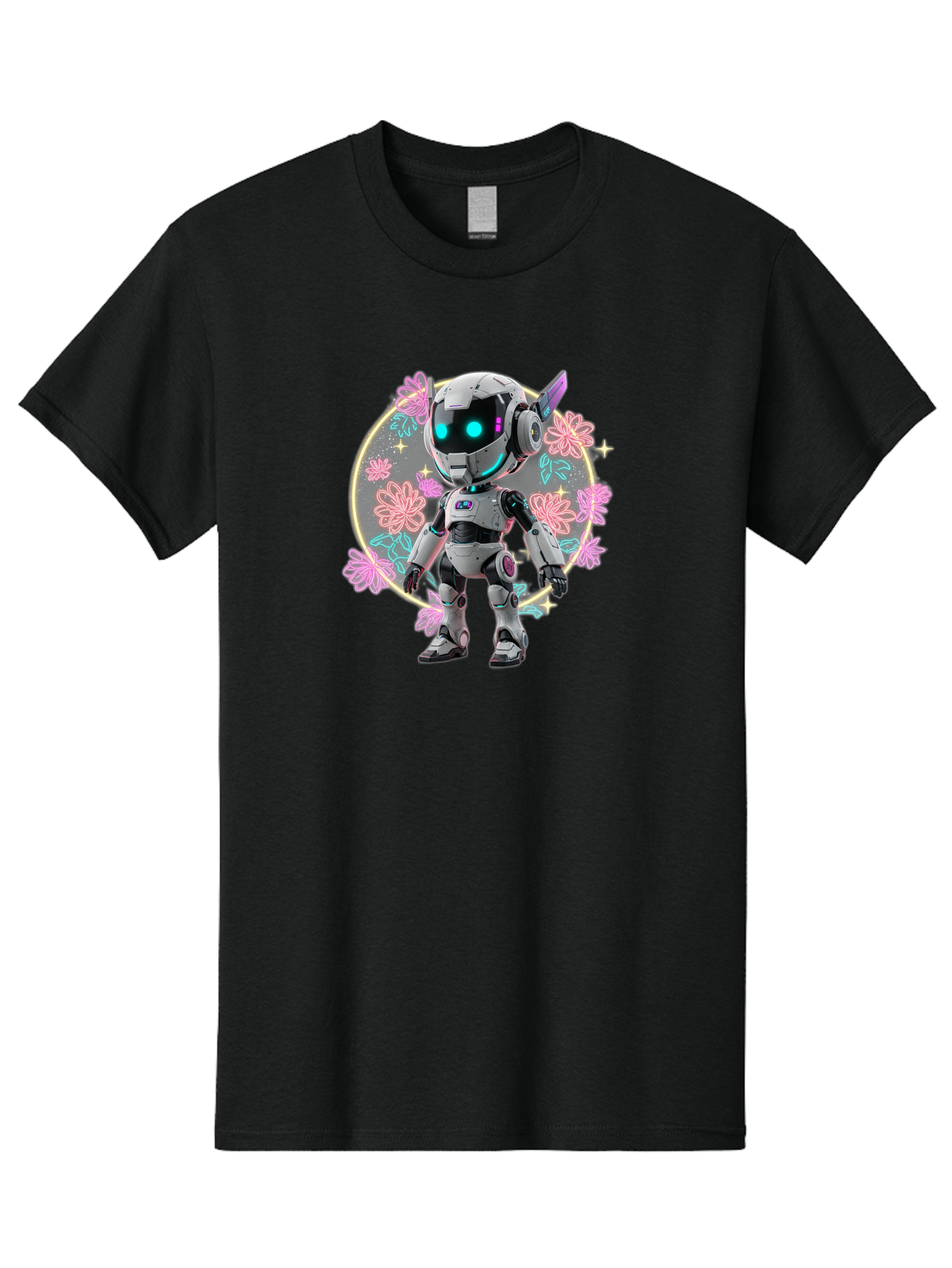 Robot-Surrounded-By-Flowers Men'S Graphic Tee, 100% Cotton, Comfortable Casual Summer Wear, Machine Washable, Futuristic Robot, Robotic Character, Artificial Intelligence, Neon Lights, Metallic Body, Glowing Blue Eyes, Floral Decorations, Bac376