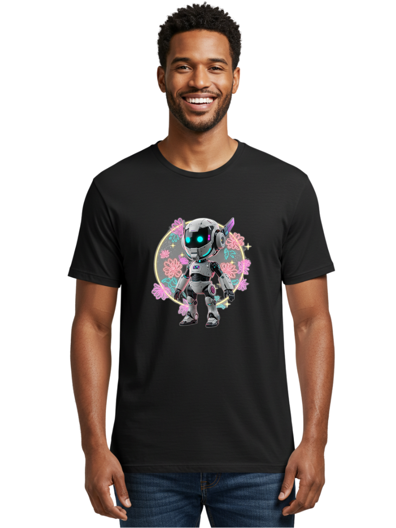 Robot-Surrounded-By-Flowers Men'S Graphic Tee, 100% Cotton, Comfortable Casual Summer Wear, Machine Washable, Futuristic Robot, Robotic Character, Artificial Intelligence, Neon Lights, Metallic Body, Glowing Blue Eyes, Floral Decorations, Bac376