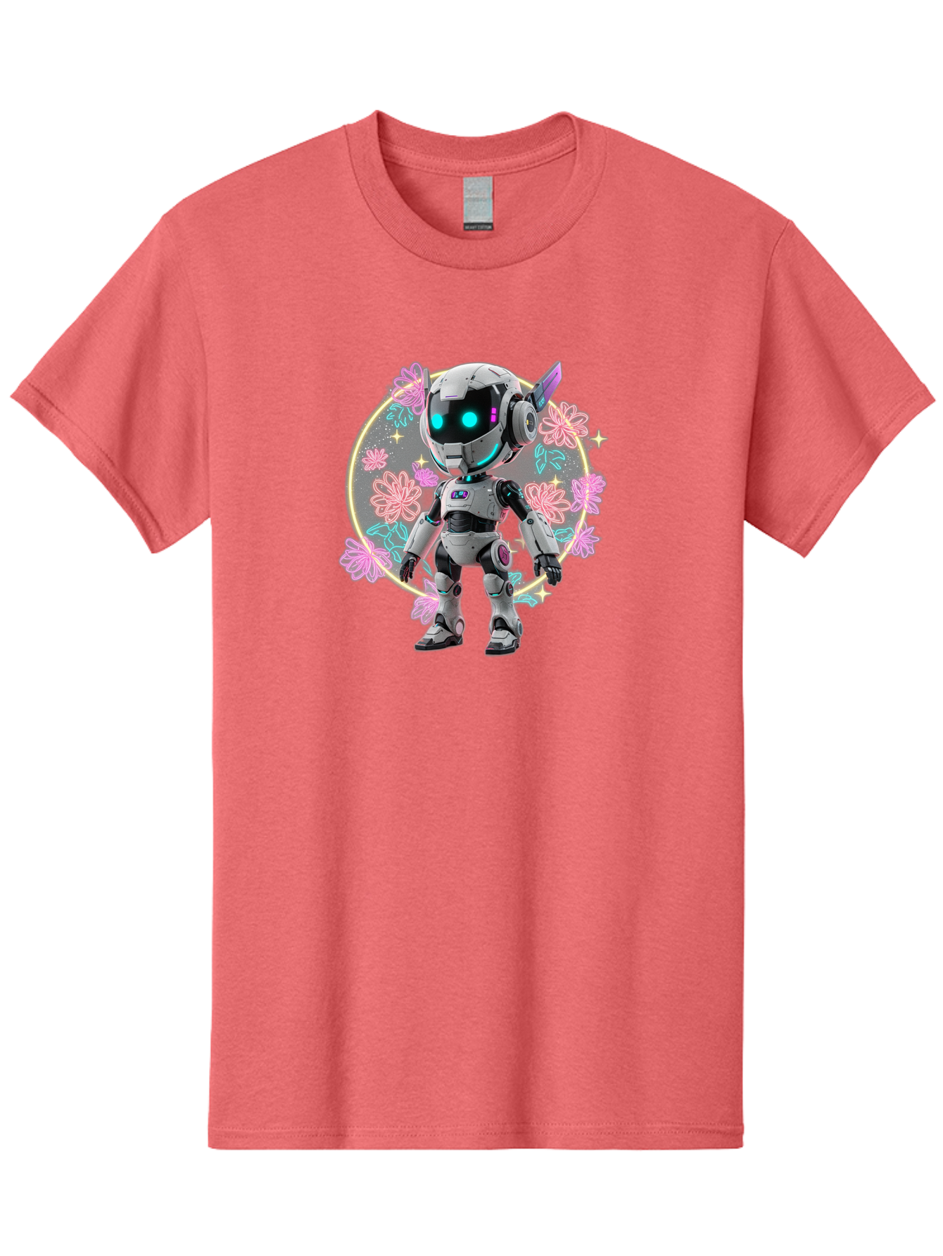 Robot-Surrounded-By-Flowers Men'S Graphic Tee, 100% Cotton, Comfortable Casual Summer Wear, Machine Washable, Futuristic Robot, Robotic Character, Artificial Intelligence, Neon Lights, Metallic Body, Glowing Blue Eyes, Floral Decorations, Bac376