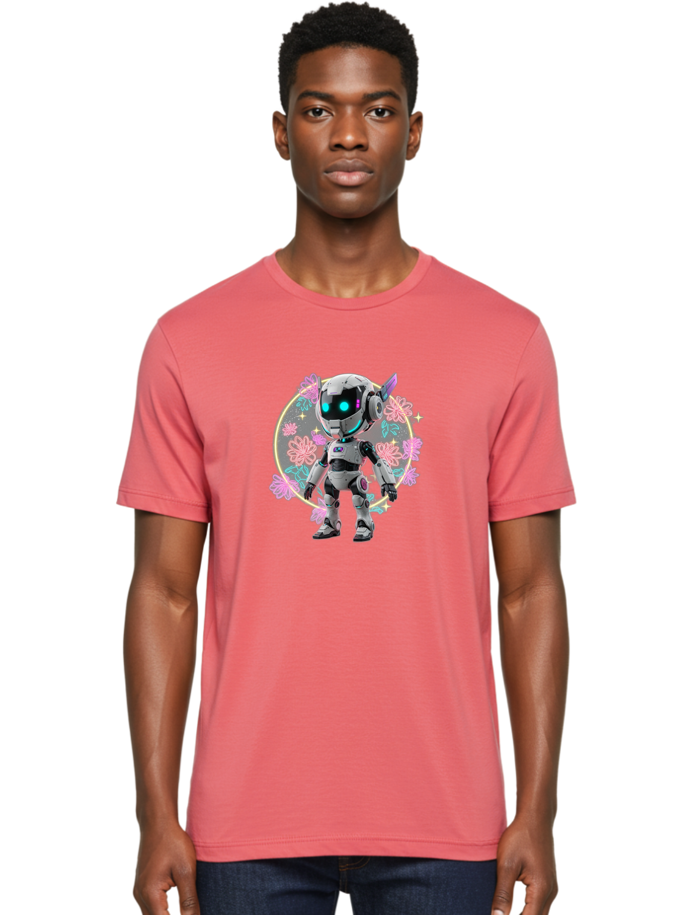 Robot-Surrounded-By-Flowers Men'S Graphic Tee, 100% Cotton, Comfortable Casual Summer Wear, Machine Washable, Futuristic Robot, Robotic Character, Artificial Intelligence, Neon Lights, Metallic Body, Glowing Blue Eyes, Floral Decorations, Bac376