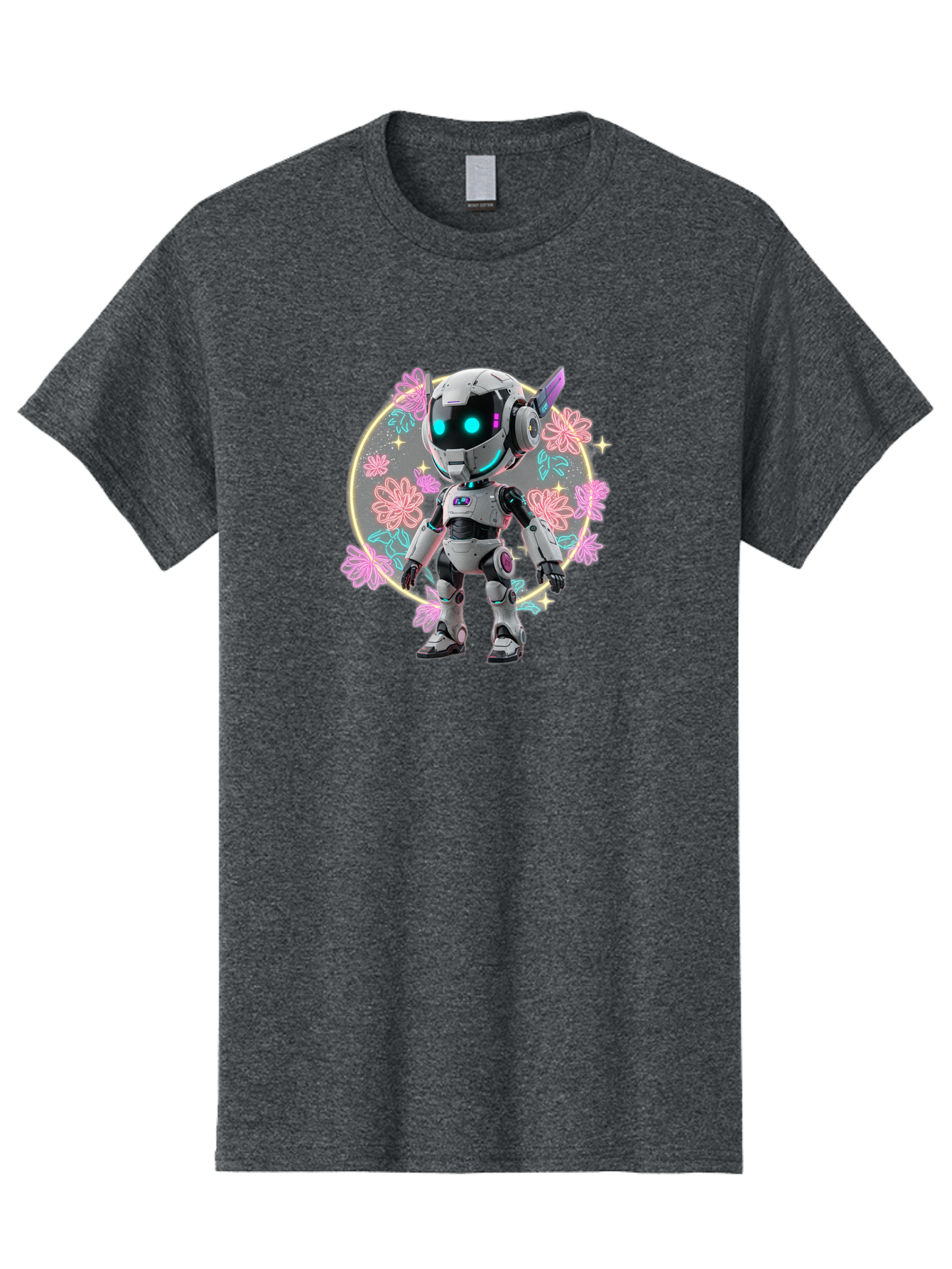 Robot-Surrounded-By-Flowers Men'S Graphic Tee, 100% Cotton, Comfortable Casual Summer Wear, Machine Washable, Futuristic Robot, Robotic Character, Artificial Intelligence, Neon Lights, Metallic Body, Glowing Blue Eyes, Floral Decorations, Bac376
