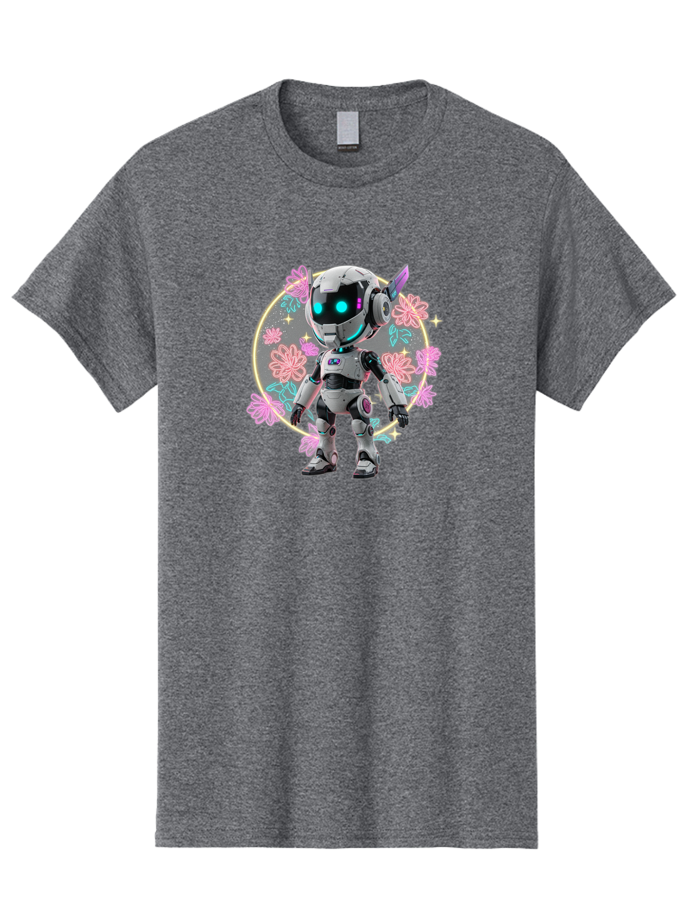 Robot-Surrounded-By-Flowers Men'S Graphic Tee, 100% Cotton, Comfortable Casual Summer Wear, Machine Washable, Futuristic Robot, Robotic Character, Artificial Intelligence, Neon Lights, Metallic Body, Glowing Blue Eyes, Floral Decorations, Bac376