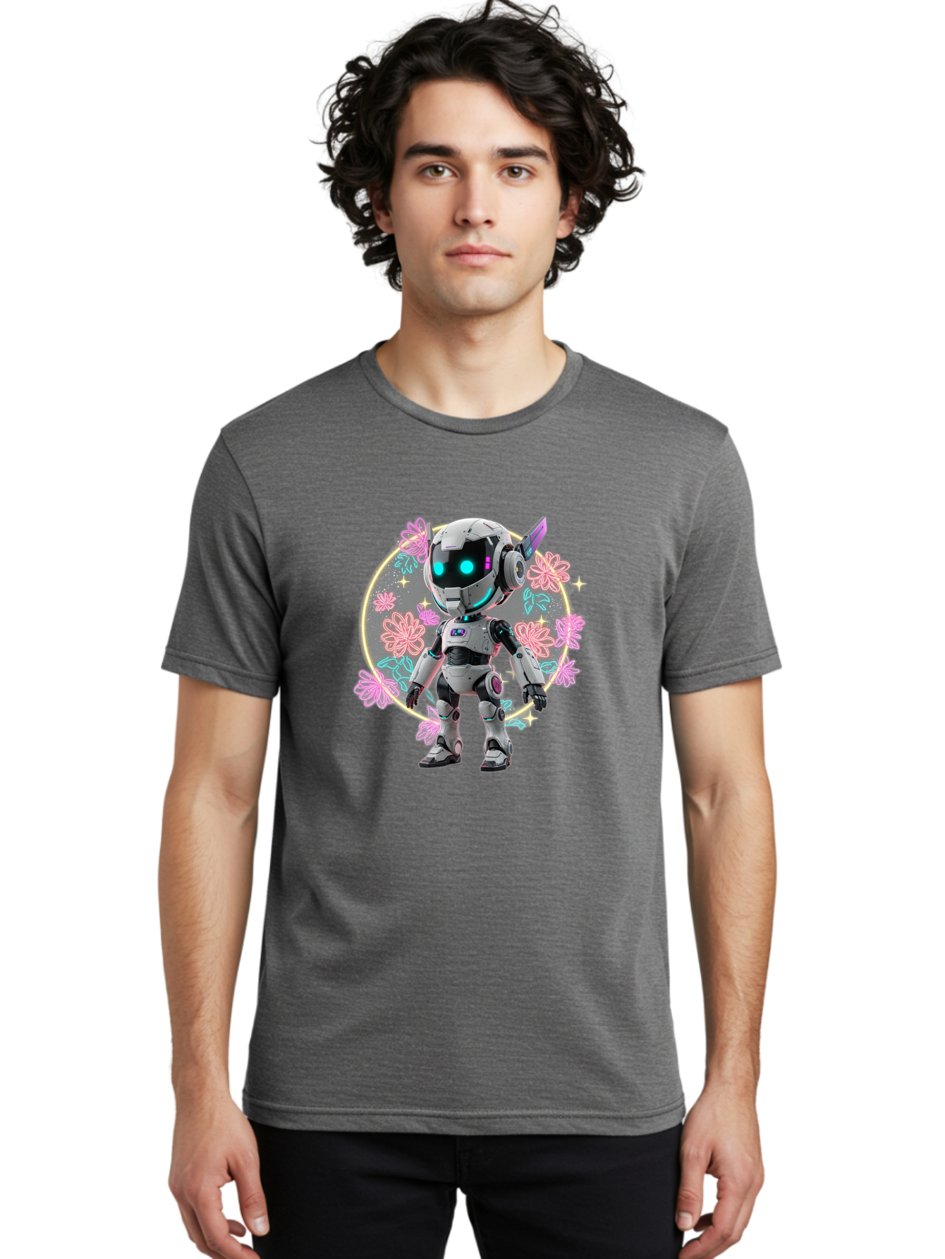 Robot-Surrounded-By-Flowers Men'S Graphic Tee, 100% Cotton, Comfortable Casual Summer Wear, Machine Washable, Futuristic Robot, Robotic Character, Artificial Intelligence, Neon Lights, Metallic Body, Glowing Blue Eyes, Floral Decorations, Bac376