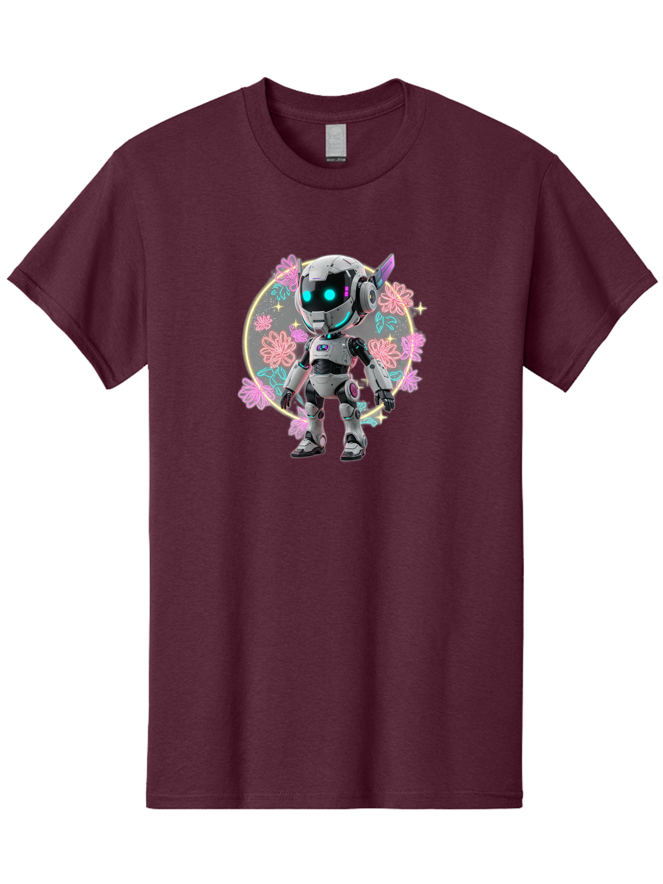 Robot-Surrounded-By-Flowers Men'S Graphic Tee, 100% Cotton, Comfortable Casual Summer Wear, Machine Washable, Futuristic Robot, Robotic Character, Artificial Intelligence, Neon Lights, Metallic Body, Glowing Blue Eyes, Floral Decorations, Bac376