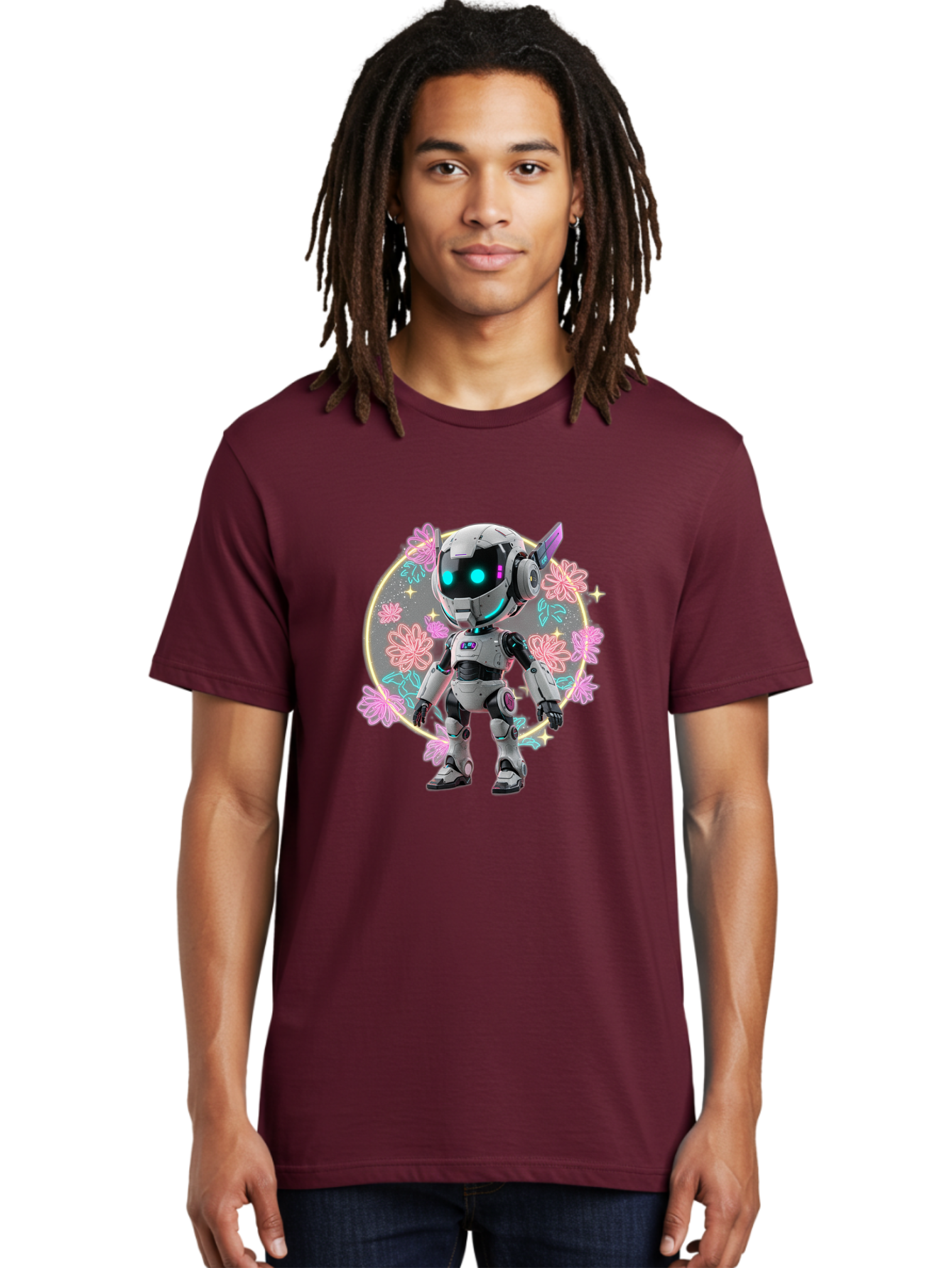 Robot-Surrounded-By-Flowers Men'S Graphic Tee, 100% Cotton, Comfortable Casual Summer Wear, Machine Washable, Futuristic Robot, Robotic Character, Artificial Intelligence, Neon Lights, Metallic Body, Glowing Blue Eyes, Floral Decorations, Bac376
