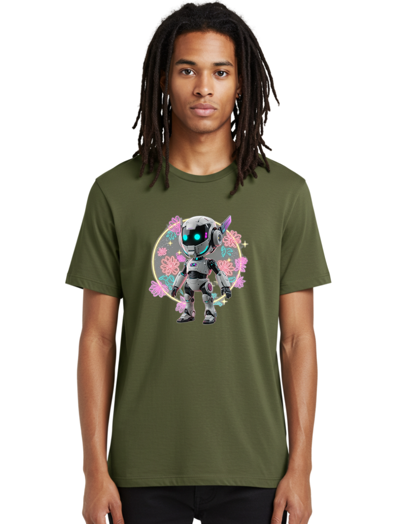 Robot-Surrounded-By-Flowers Men'S Graphic Tee, 100% Cotton, Comfortable Casual Summer Wear, Machine Washable, Futuristic Robot, Robotic Character, Artificial Intelligence, Neon Lights, Metallic Body, Glowing Blue Eyes, Floral Decorations, Bac376