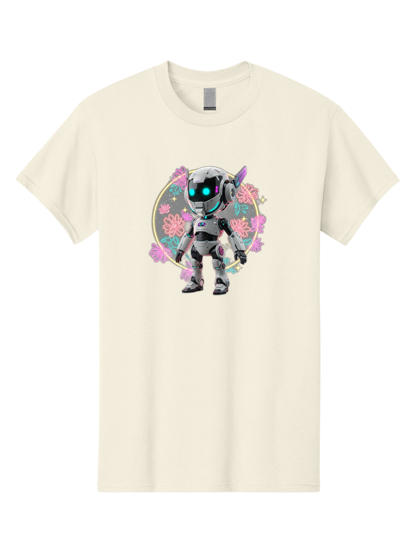 Robot-Surrounded-By-Flowers Men'S Graphic Tee, 100% Cotton, Comfortable Casual Summer Wear, Machine Washable, Futuristic Robot, Robotic Character, Artificial Intelligence, Neon Lights, Metallic Body, Glowing Blue Eyes, Floral Decorations, Bac376