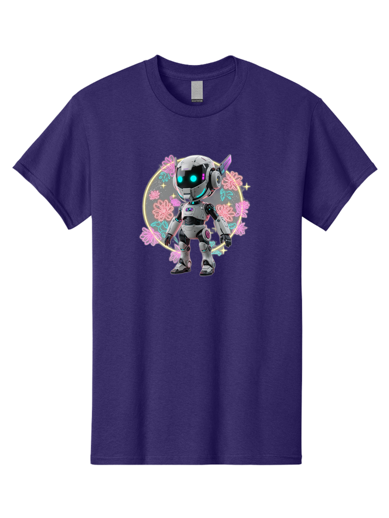 Robot-Surrounded-By-Flowers Men'S Graphic Tee, 100% Cotton, Comfortable Casual Summer Wear, Machine Washable, Futuristic Robot, Robotic Character, Artificial Intelligence, Neon Lights, Metallic Body, Glowing Blue Eyes, Floral Decorations, Bac376
