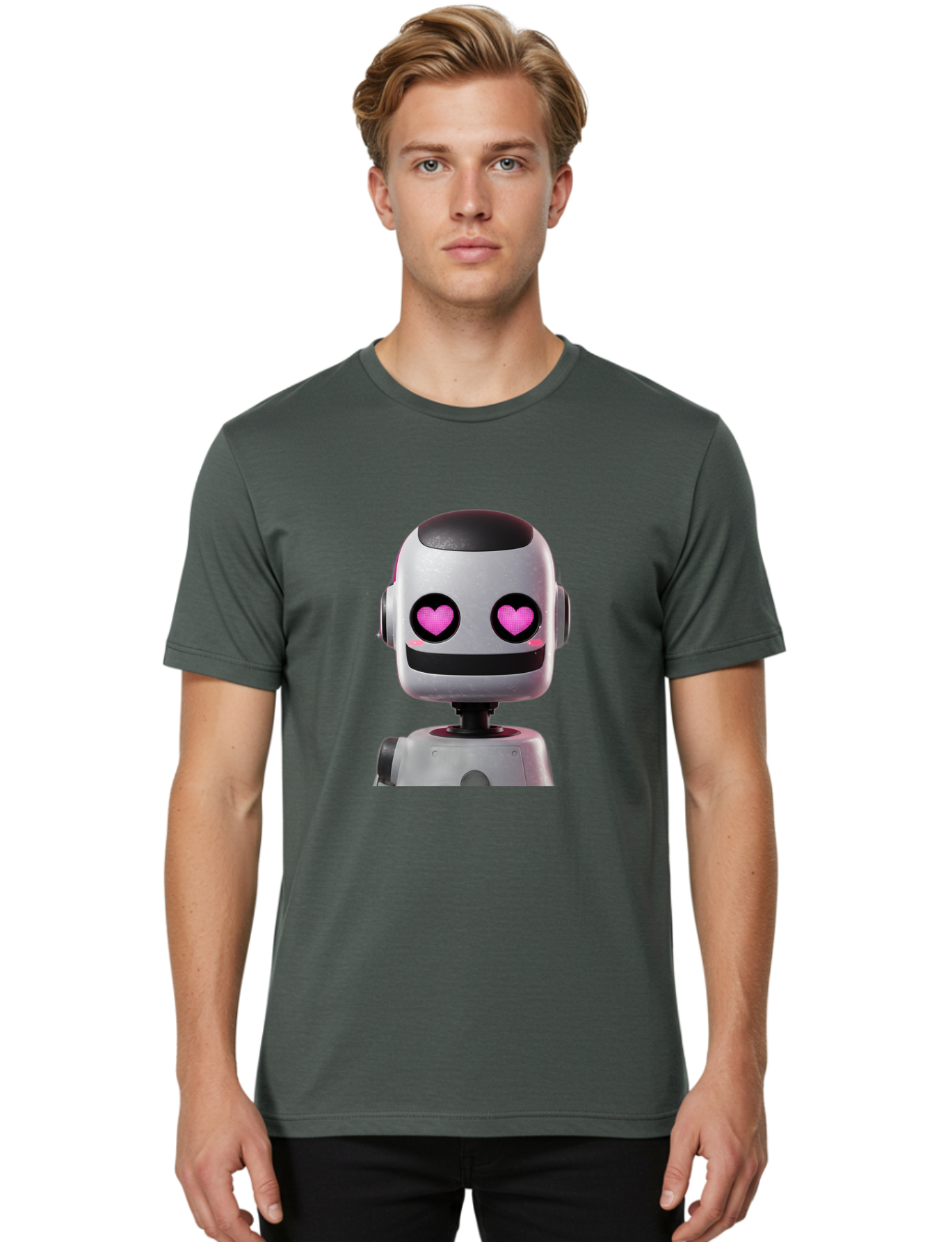 Robot-With-Heart-Eyes Men'S Graphic Tee, 100% Cotton, Comfortable Casual Summer Wear, Machine Washable, Robot With Heart Eyes, Cute Robot, Artificial Intelligence, Machine Learning, Friendly Robot, Silver Robot, Pink Heart Eyes, Robotic Face, Bac377
