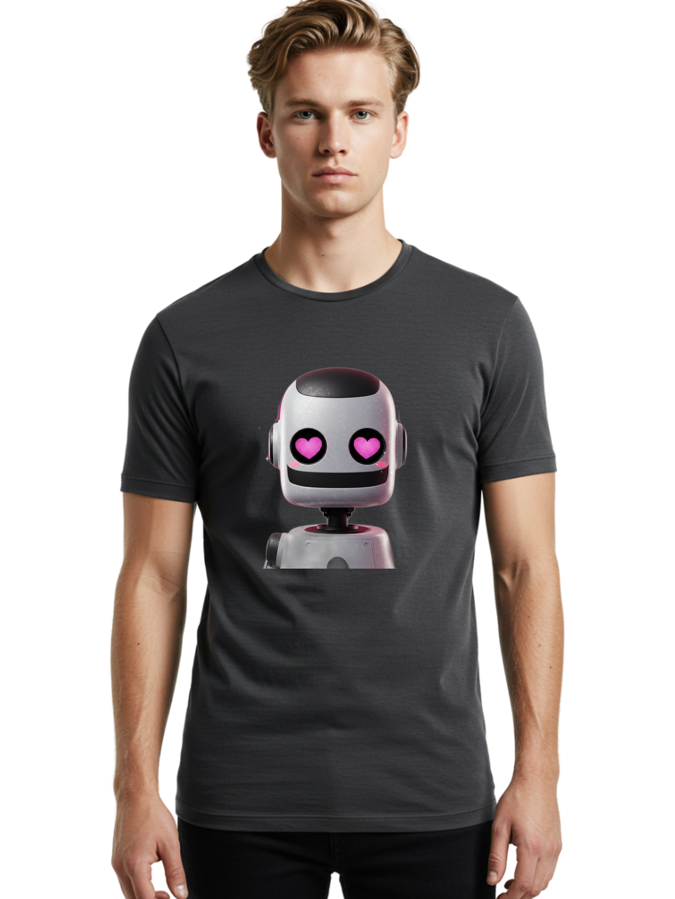 Robot-With-Heart-Eyes Men'S Graphic Tee, 100% Cotton, Comfortable Casual Summer Wear, Machine Washable, Robot With Heart Eyes, Cute Robot, Artificial Intelligence, Machine Learning, Friendly Robot, Silver Robot, Pink Heart Eyes, Robotic Face, Bac377