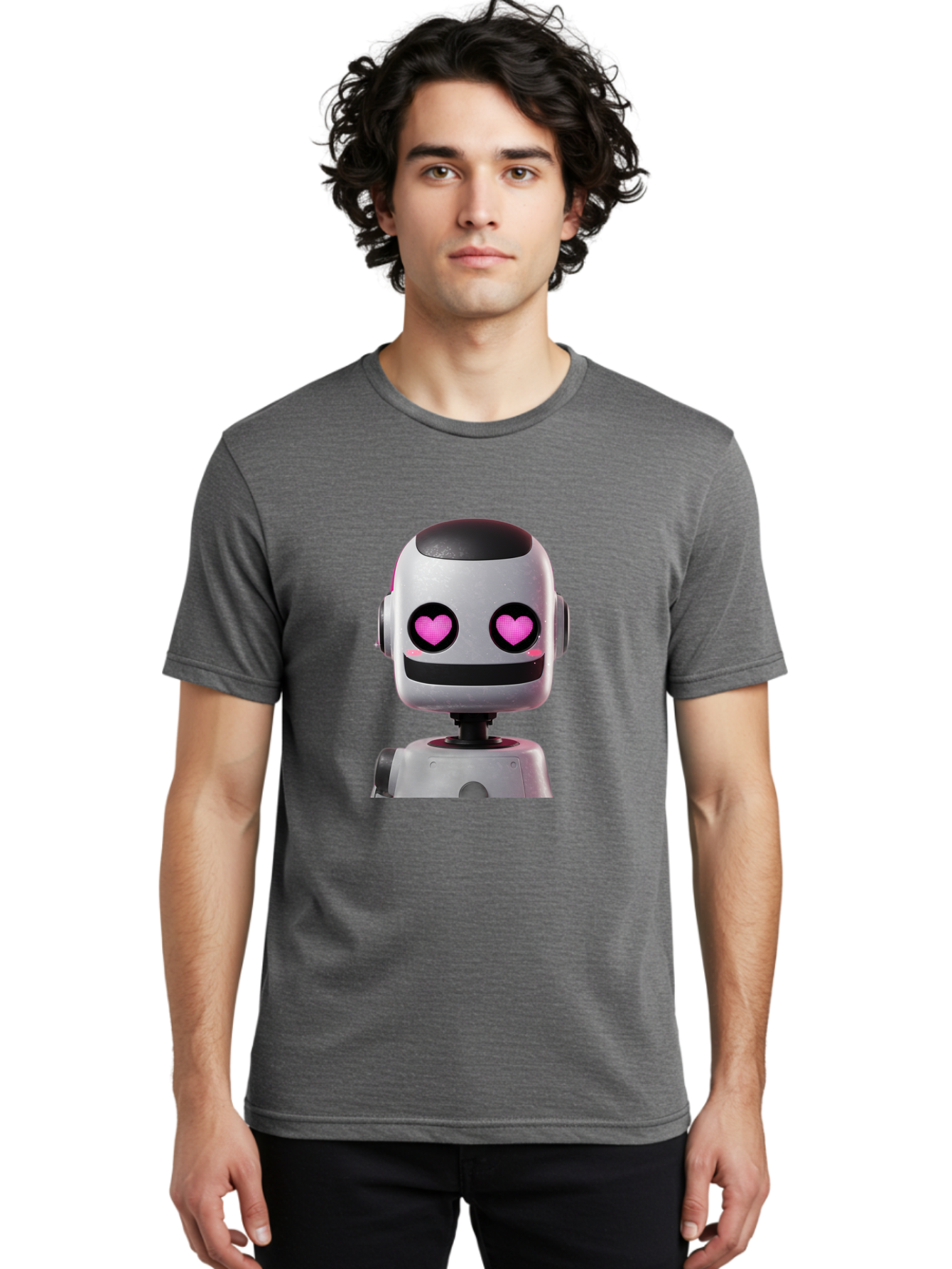 Robot-With-Heart-Eyes Men'S Graphic Tee, 100% Cotton, Comfortable Casual Summer Wear, Machine Washable, Robot With Heart Eyes, Cute Robot, Artificial Intelligence, Machine Learning, Friendly Robot, Silver Robot, Pink Heart Eyes, Robotic Face, Bac377