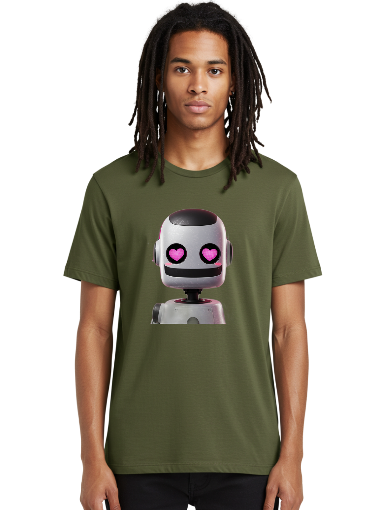 Robot-With-Heart-Eyes Men'S Graphic Tee, 100% Cotton, Comfortable Casual Summer Wear, Machine Washable, Robot With Heart Eyes, Cute Robot, Artificial Intelligence, Machine Learning, Friendly Robot, Silver Robot, Pink Heart Eyes, Robotic Face, Bac377