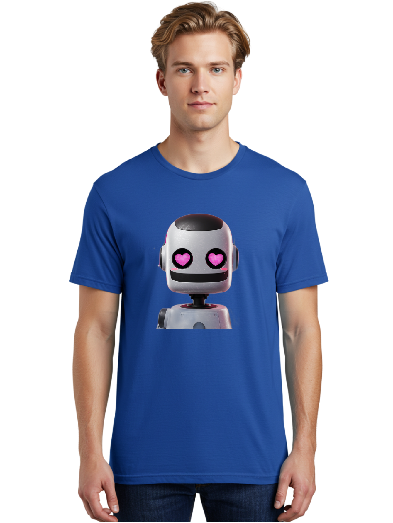 Robot-With-Heart-Eyes Men'S Graphic Tee, 100% Cotton, Comfortable Casual Summer Wear, Machine Washable, Robot With Heart Eyes, Cute Robot, Artificial Intelligence, Machine Learning, Friendly Robot, Silver Robot, Pink Heart Eyes, Robotic Face, Bac377
