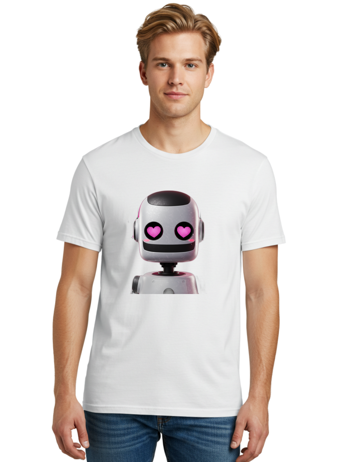 Robot-With-Heart-Eyes Men'S Graphic Tee, 100% Cotton, Comfortable Casual Summer Wear, Machine Washable, Robot With Heart Eyes, Cute Robot, Artificial Intelligence, Machine Learning, Friendly Robot, Silver Robot, Pink Heart Eyes, Robotic Face, Bac377