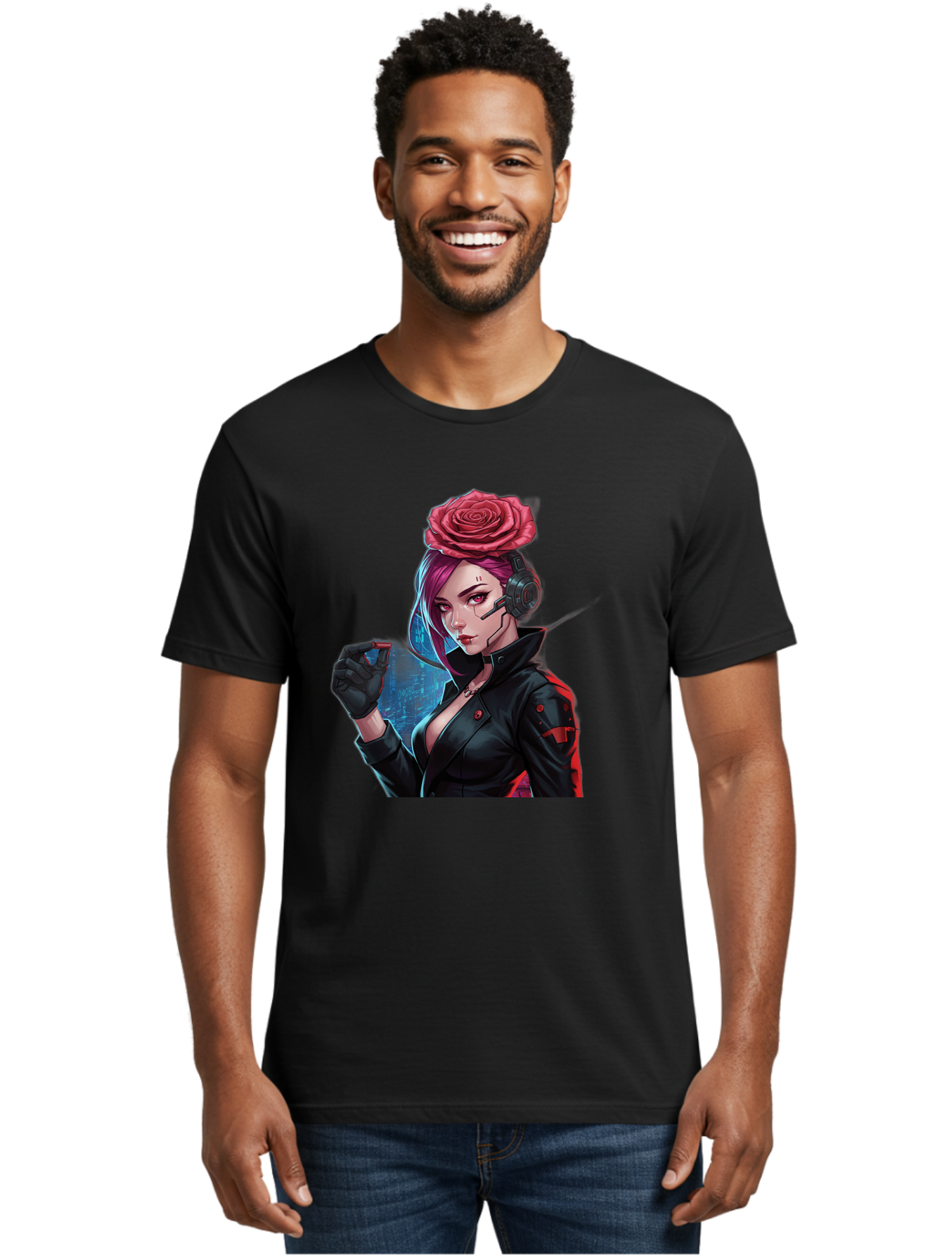 Rose-Girl Men'S Graphic Tee, 100% Cotton, Comfortable Casual Summer Wear, Machine Washable, Pink Hair, Red Rose, Black Leather Jacket, Cyberpunk Style, Futuristic Fashion, Gaming Character, League Of Legends, Esports, K/Da Akali Bac378