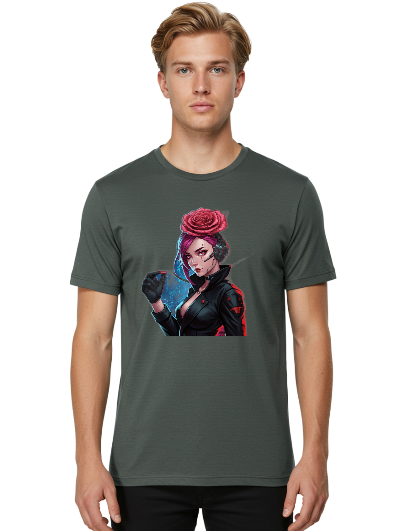 Rose-Girl Men'S Graphic Tee, 100% Cotton, Comfortable Casual Summer Wear, Machine Washable, Pink Hair, Red Rose, Black Leather Jacket, Cyberpunk Style, Futuristic Fashion, Gaming Character, League Of Legends, Esports, K/Da Akali Bac378