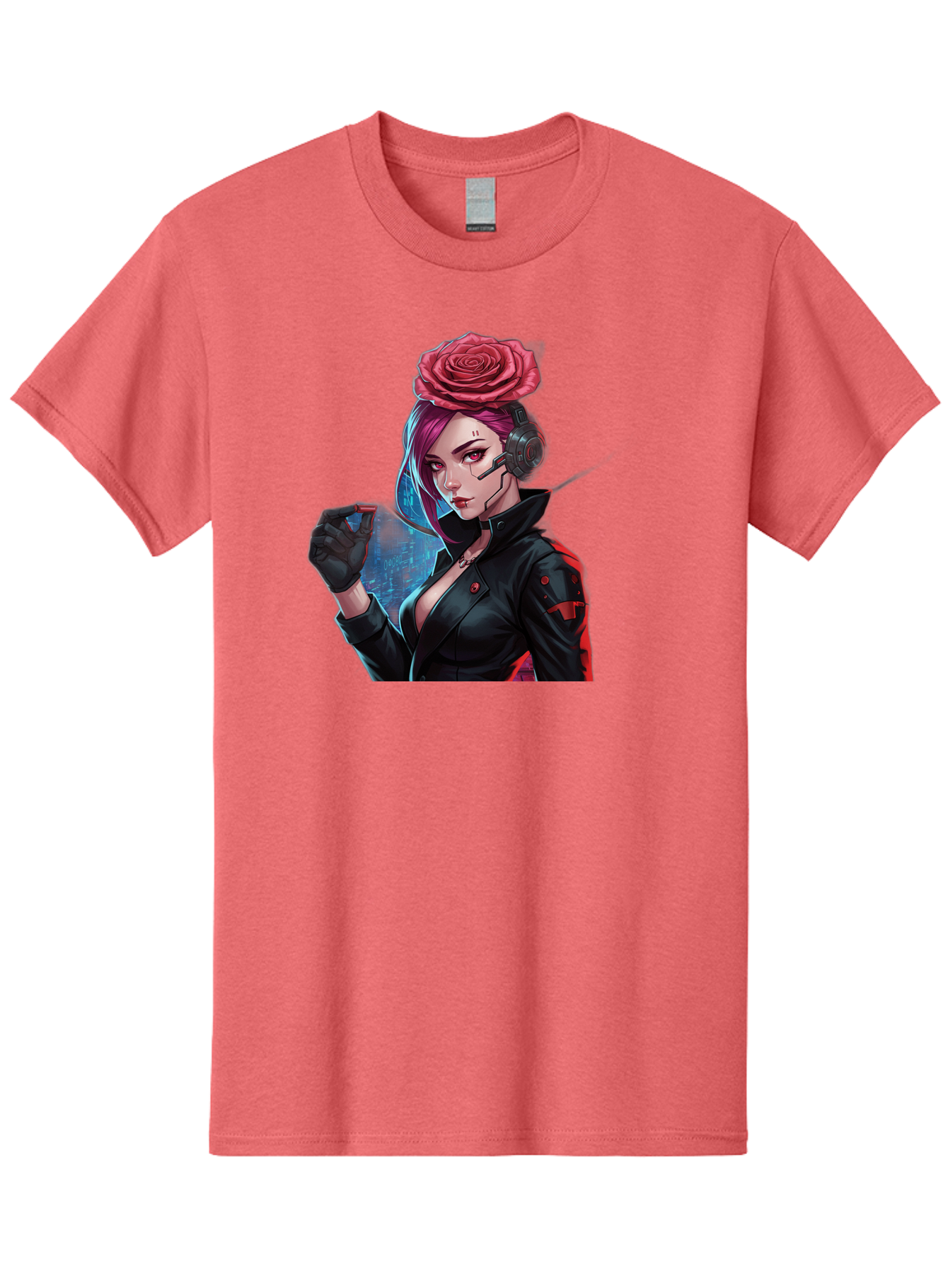 Rose-Girl Men'S Graphic Tee, 100% Cotton, Comfortable Casual Summer Wear, Machine Washable, Pink Hair, Red Rose, Black Leather Jacket, Cyberpunk Style, Futuristic Fashion, Gaming Character, League Of Legends, Esports, K/Da Akali Bac378