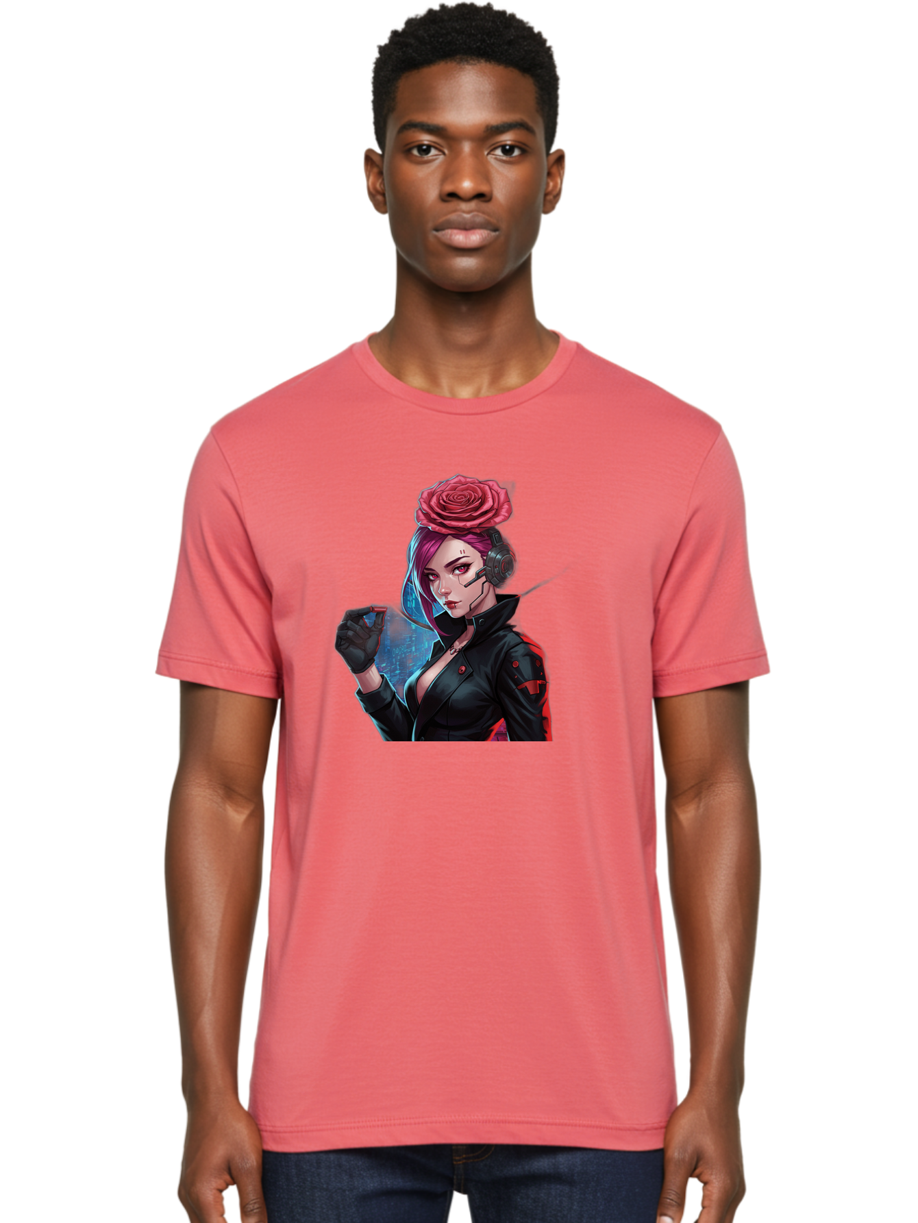 Rose-Girl Men'S Graphic Tee, 100% Cotton, Comfortable Casual Summer Wear, Machine Washable, Pink Hair, Red Rose, Black Leather Jacket, Cyberpunk Style, Futuristic Fashion, Gaming Character, League Of Legends, Esports, K/Da Akali Bac378